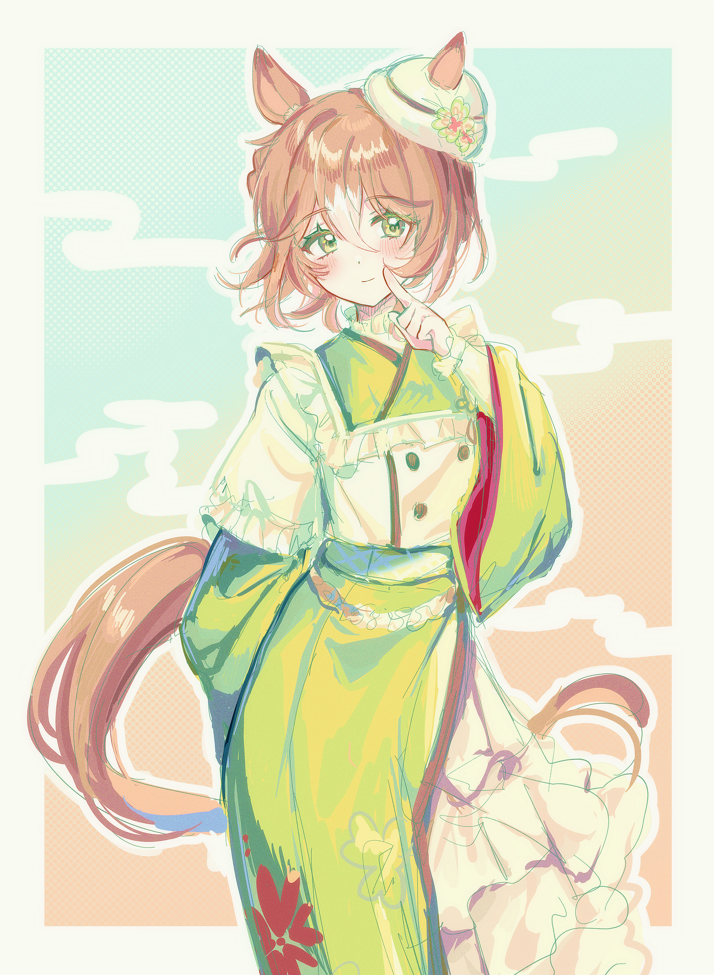 camellia (camel mal), fine motion (umamusume), umamusume, absurdres, commentary request, highres, 1girl, animal ears, blush, brown hair, closed mouth, clover hat ornament, ears through headwear, fine motion (charming glittering journey) (umamusume), floral print, floral print kimono, green eyes, green kimono, hair between eyes, hat, horse ears, horse girl, horse tail, japanese clothes, kimono, long sleeves, looking at viewer, multicolored hair, official alternate costume, print kimono, short hair, solo, streaked hair, tail, white hair, white hat