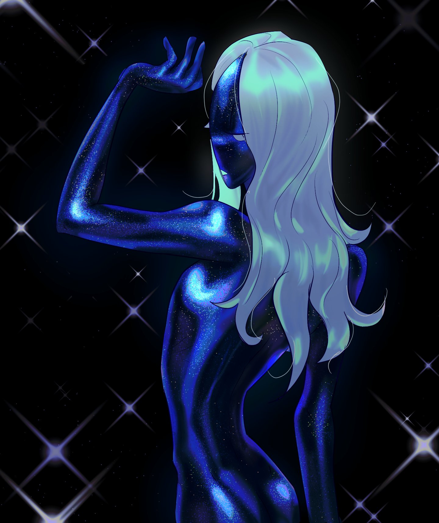 almguav, rouxls kaard, deltarune, utdr (toby fox), highres, 1boy, bishounen, blue skin, colored skin, long hair, male focus, narrow waist, parted lips, shiny skin, solo, sparkle