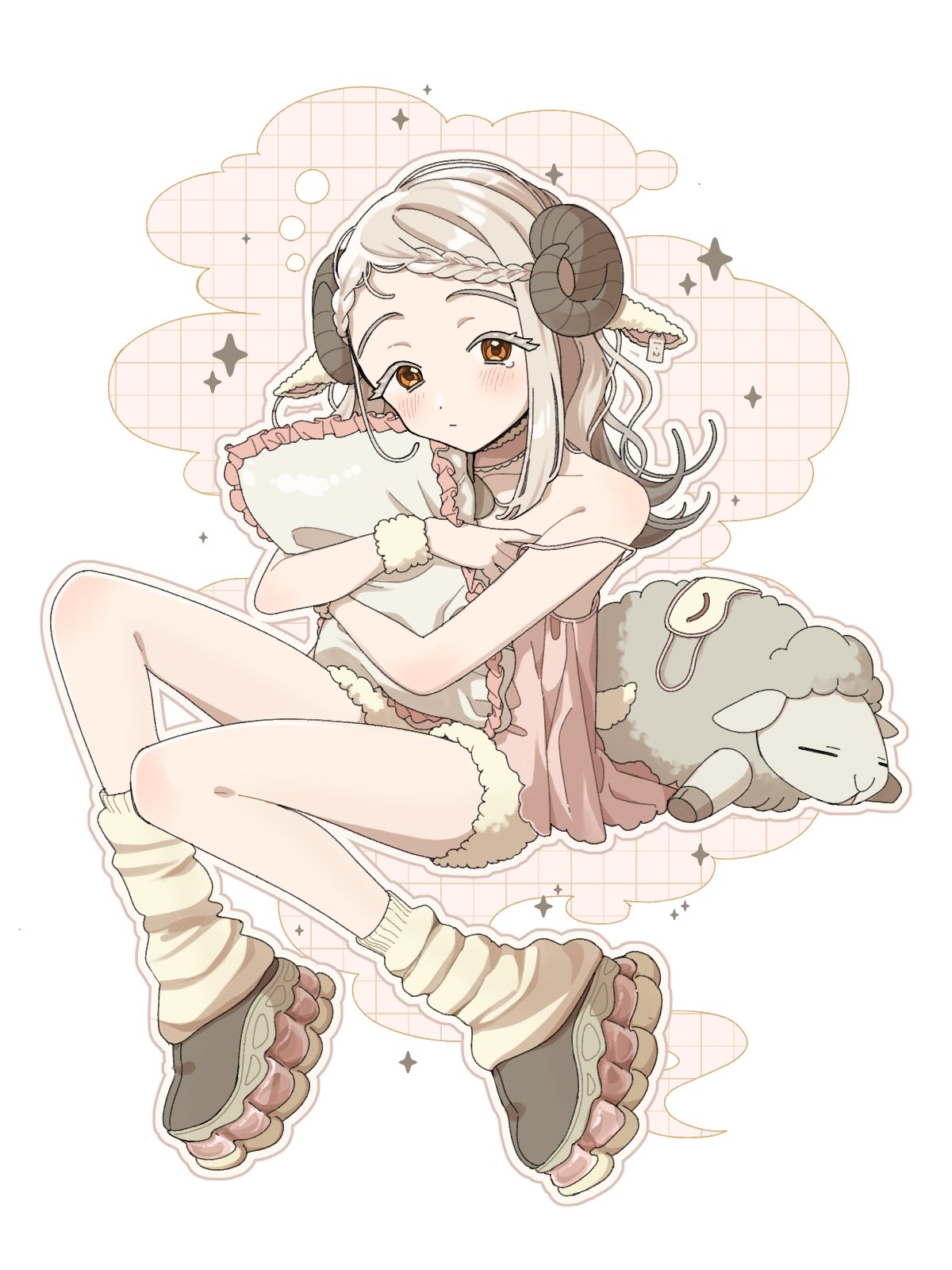sks (s3 rosquilla), shinosawa hiro, gakuen idolmaster, idolmaster, commentary, highres, symbol-only commentary, 1girl, animal ears, blonde hair, braid, braided bangs, brown eyes, camisole, colored eyelashes, flipped hair, horns, hugging object, kemonomimi mode, leg warmers, long hair, looking at viewer, outline, pillow, pillow hug, pink camisole, platform shoes, sheep ears, sheep horns, shoes, short shorts, shorts, simple background, sneakers, solo, stuffed animal, stuffed sheep, stuffed toy, white background