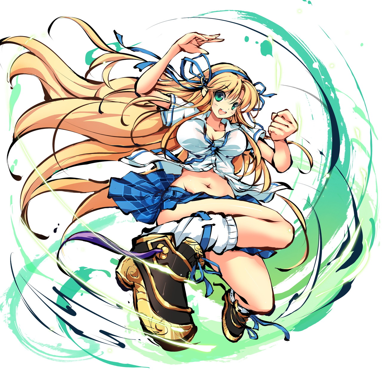 ms06s, katsuragi (senran kagura), senran kagura, highres, official art, second-party source, 1girl, arm up, blonde hair, blue necktie, blue ribbon, blue skirt, blush, breasts, cleavage, clenched hand, collarbone, collared shirt, crossover, green eyes, hair between eyes, hair ribbon, himegami kagura, large breasts, long hair, long sidelocks, looking at viewer, miniskirt, navel, necktie, open mouth, pleated skirt, ribbon, shirt, short sleeves, sidelocks, simple background, skirt, smile, solo, teeth, thighs, upper teeth only, very long hair, white background, white shirt