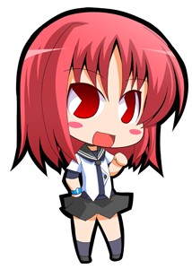 suntail, mishima akane, kampfer, lowres, 00s, 1girl, black skirt, blush, blush stickers, chibi, female focus, full body, hand up, looking at viewer, miniskirt, open mouth, pac-man eyes, parted bangs, pink hair, red eyes, red hair, sailor collar, school uniform, shirt, short hair, short sleeves, simple background, skirt, smile, solo, standing, white background, white shirt
