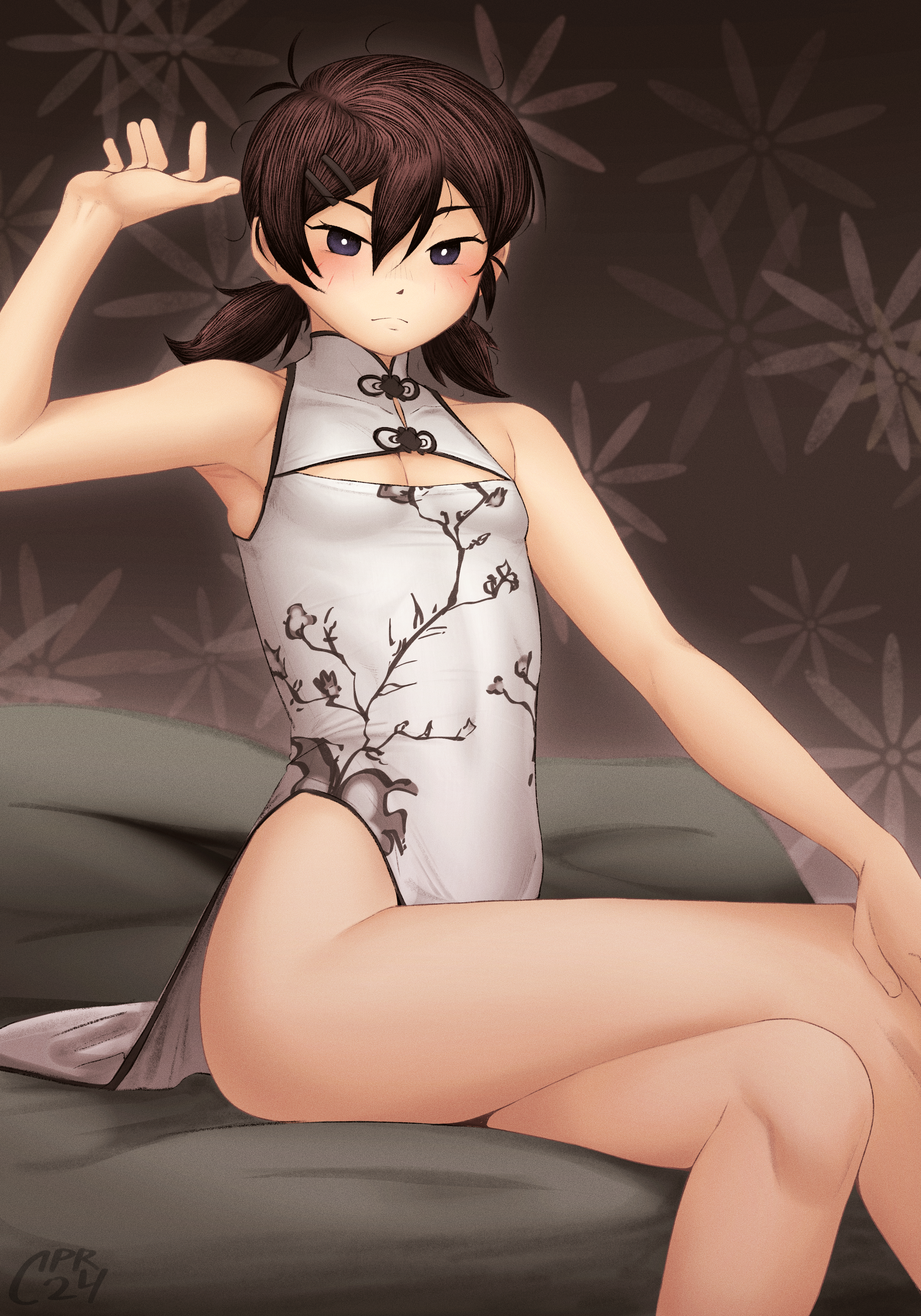cabronpr, sunny (omori), omori, absurdres, commentary, english commentary, highres, 1girl, 2024, ||/, antenna hair, arm up, armpits, asian, bare arms, bare legs, bare shoulders, black eyes, black hair, breasts, bright pupils, brown background, china dress, chinese clothes, cleavage, cleavage cutout, closed mouth, clothing cutout, covered navel, crossed legs, double-parted bangs, dress, feet out of frame, floral background, floral print, floral print dress, frown, genderswap, genderswap (mtf), hair between eyes, hair ornament, hairclip, hand on own knee, hatching (texture), low twintails, medium dress, no sclera, on bed, parallel hairclips, pelvic curtain, print dress, short hair, short twintails, simple background, sitting, sleeveless, sleeveless dress, small breasts, solo, twintails, vignetting, white dress, white pupils