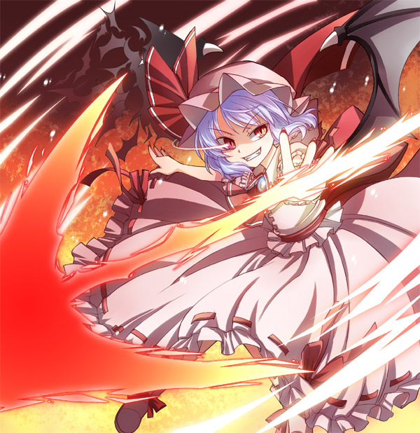 mikagami hiyori, remilia scarlet, touhou, 1girl, bat wings, female focus, hat, purple hair, red eyes, short hair, solo, spear the gungnir, wings