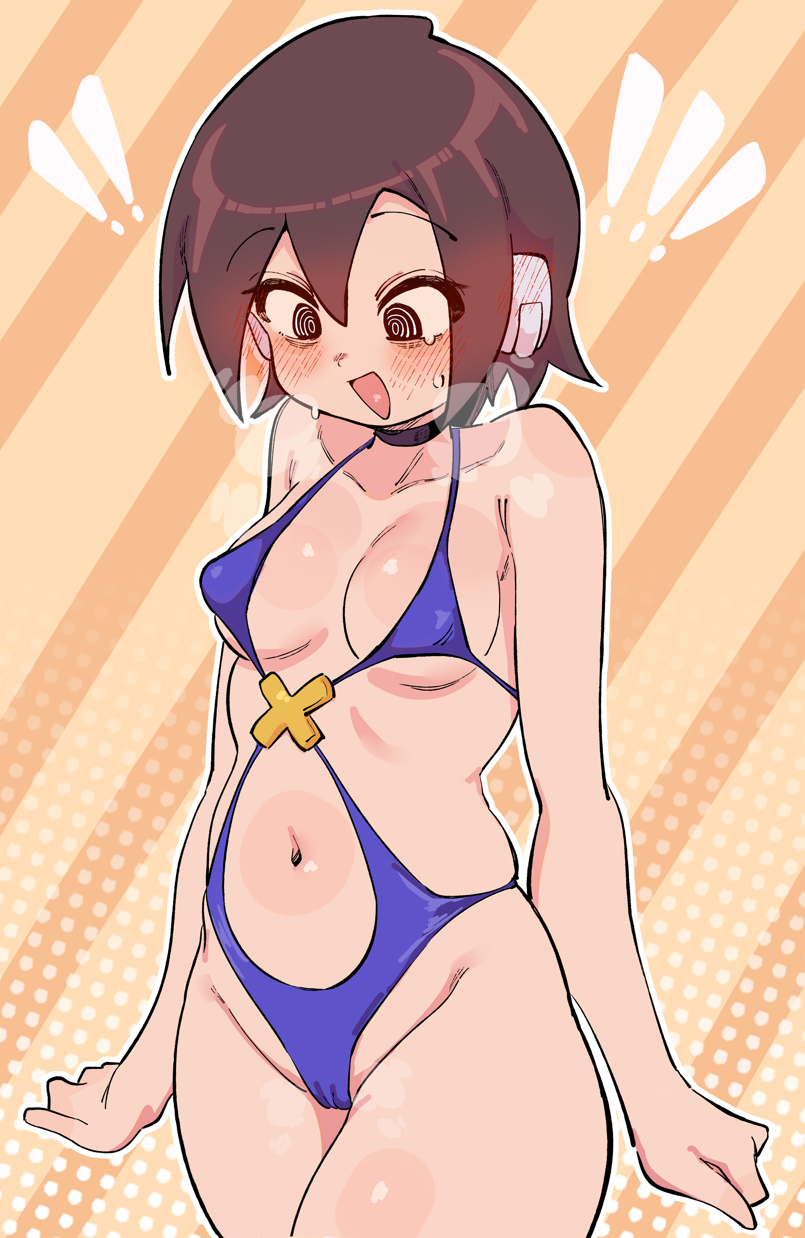 buzzlyears, aile (mega man zx), mega man (series), mega man zx, absurdres, highres, !, !!, 1girl, bare shoulders, black eyes, blue one-piece swimsuit, blush, breasts, breath, brown hair, cameltoe, collarbone, cowboy shot, navel, one-piece swimsuit, ringed eyes, robot ears, short hair, small breasts, solo, swimsuit, yellow background