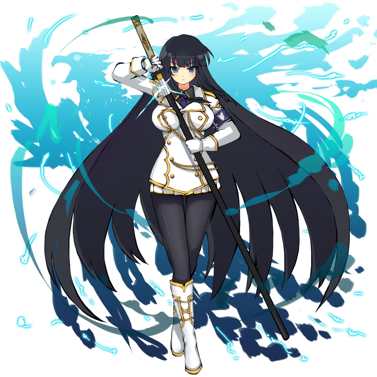 ikaruga (senran kagura), senran kagura, highres, official art, second-party source, 1girl, arm belt, black hair, black pantyhose, black shirt, blue eyes, blunt bangs, blush, boots, breasts, closed mouth, collared shirt, crossover, gloves, himegami kagura, holding, holding sword, holding weapon, jacket, katana, large breasts, long hair, long sleeves, looking at viewer, miniskirt, necktie, pantyhose, pleated skirt, purple necktie, shirt, simple background, skirt, solo, sword, tsurime, very long hair, weapon, white background, white boots, white gloves, white jacket, white skirt