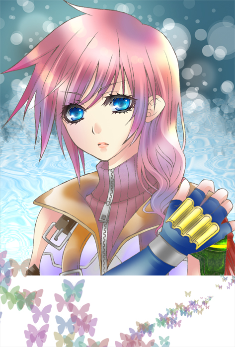 barahime, lightning farron, final fantasy, final fantasy xiii, 10s, 1girl, bare shoulders, belt, blue eyes, female focus, fingerless gloves, gloves, long hair, pink hair, sleeveless, sleeveless turtleneck, solo, turtleneck, zipper