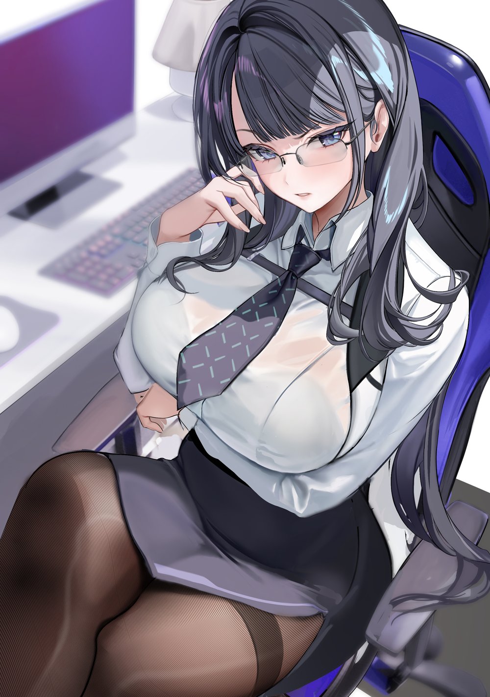 mikan03 26, mana (nikke), goddess of victory: nikke, highres, 1girl, alternate hair length, alternate hairstyle, arm under breasts, black hair, black necktie, blue eyes, bra visible through clothes, breasts, brown pantyhose, chair, computer, computer keyboard, desk, glasses, large breasts, long hair, looking at viewer, necktie, office lady, pantyhose, parted lips, pencil skirt, shirt, sitting, skirt, solo, thighband pantyhose, very long hair, white shirt