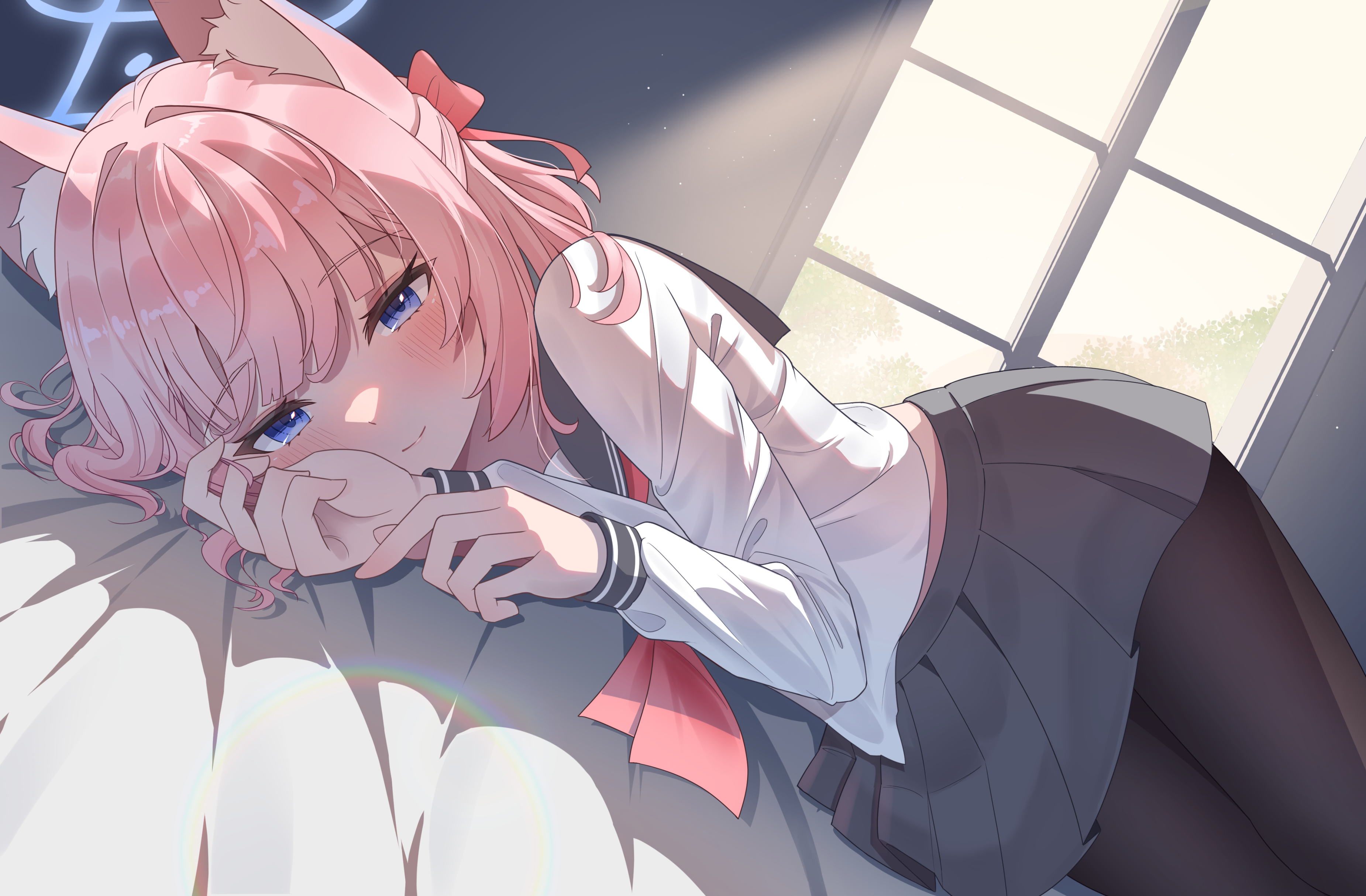 misono (misonokei), niko (blue archive), blue archive, absurdres, commission, highres, pixiv commission, 1girl, animal ear fluff, animal ears, black pantyhose, blue eyes, blue halo, closed mouth, fox ears, fox girl, grey sailor collar, grey skirt, half updo, halo, looking at viewer, neckerchief, pantyhose, pink hair, pink neckerchief, sailor collar, shirt, short hair, skirt, smile, solo, white shirt