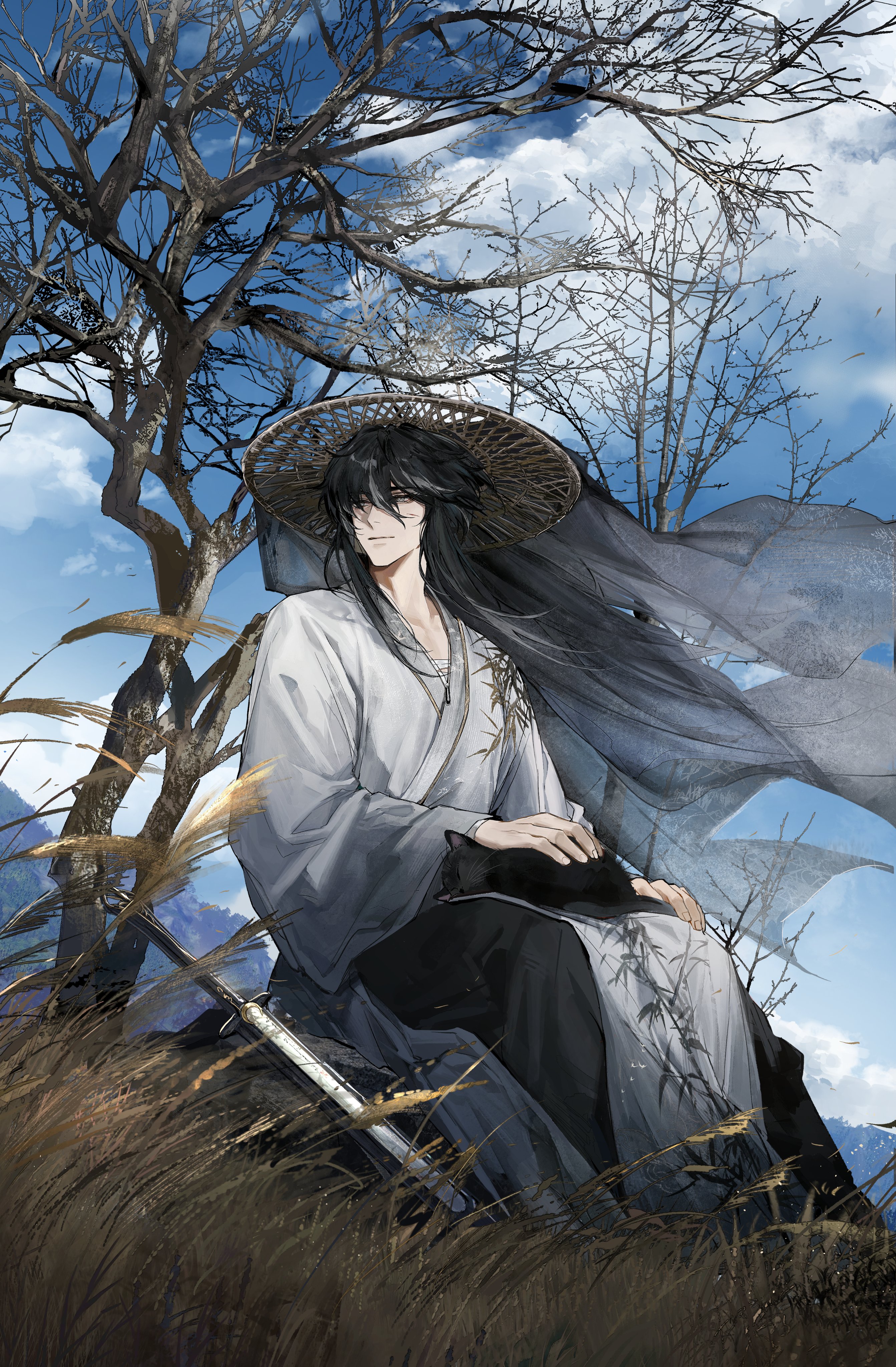 secretfj520, qiuyuan (wuthering waves), wuthering waves, absurdres, commentary, english commentary, highres, 1boy, bare tree, black cat, black hair, blue sky, cat, chinese clothes, closed mouth, day, grey eyes, hair between eyes, hat, light smile, long hair, long sleeves, looking to the side, male focus, official alternate costume, outdoors, sitting, sky, solo, sword, tree, weapon, wheat field, wind