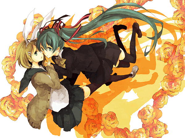 08, sabutarou, hatsune miku, kagamine rin, vocaloid, bad id, bad pixiv id, jpeg artifacts, 2girls, blonde hair, female focus, green hair, hair ornament, hairpin, long hair, multiple girls, ribbon, school uniform, short hair, thighhighs