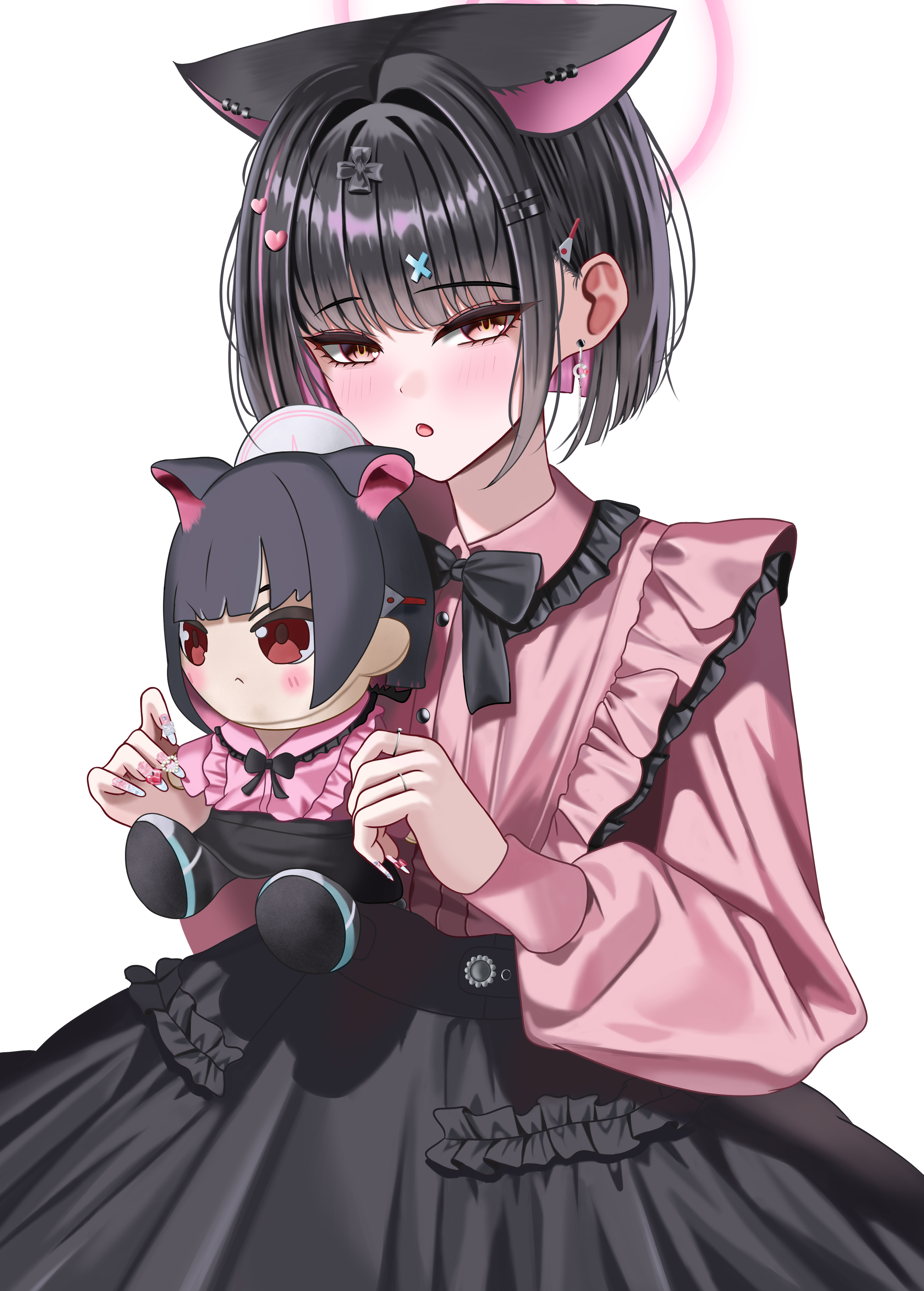 cat080805, kazusa (blue archive), blue archive, absurdres, commentary, highres, 1girl, alternate costume, animal ears, black bow, black hair, black skirt, bow, cat ears, cat girl, colored inner hair, doll, earrings, extra ears, halo, holding, holding doll, jewelry, jirai kei, looking at viewer, multicolored hair, pink hair, pink halo, pink shirt, red eyes, shirt, short hair, skirt, solo, two-tone hair