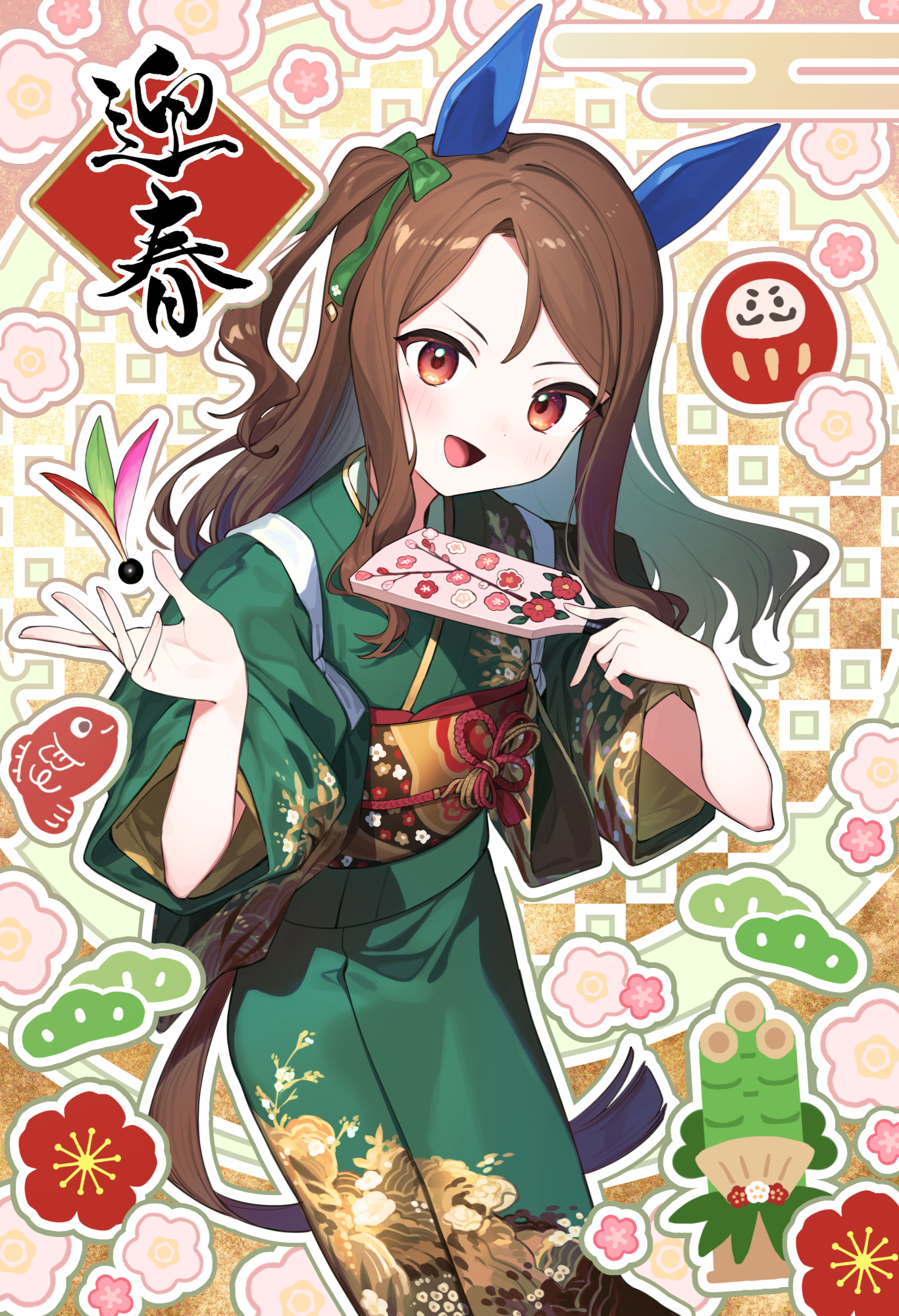 en@rain, king halo (umamusume), umamusume, highres, 1girl, animal ears, bamboo, blush, bow, brown hair, daruma doll, ear bow, ear covers, fish, floral print, flower, gloves, green bow, green kimono, hagoita, hair bow, hane (hanetsuki), hanetsuki, happy new year, holding, holding paddle, horse ears, horse girl, horse tail, japanese clothes, kimono, long hair, looking at viewer, new year, open mouth, paddle, print kimono, red eyes, smile, solo, tail