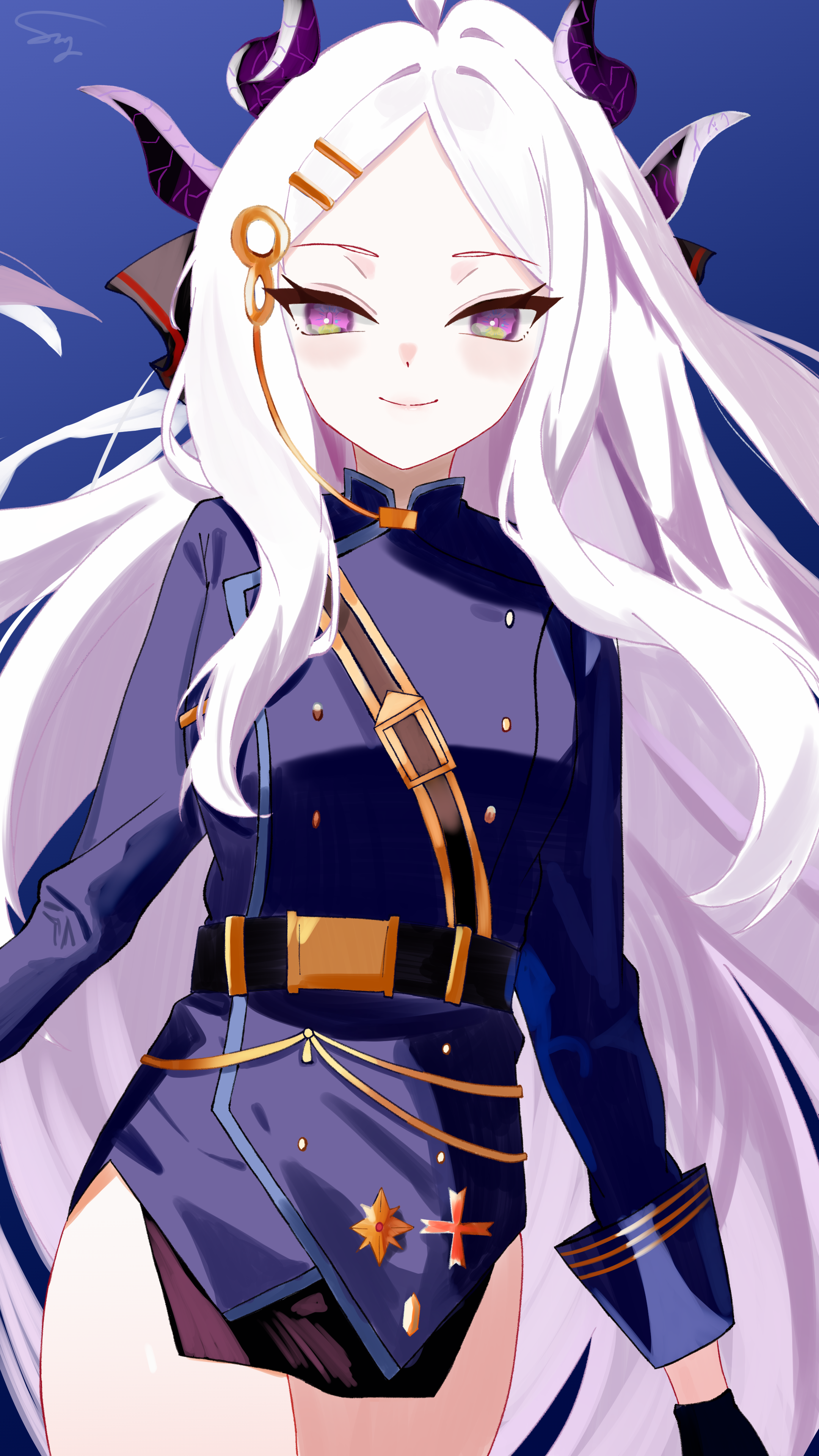 hina (blue archive), blue archive, absurdres, highres, 1girl, ahoge, belt, black belt, black skirt, breasts, demon girl, demon horns, horns, long hair, looking at viewer, purple eyes, skirt, small breasts, solo, sumikadoji, very long hair, white hair