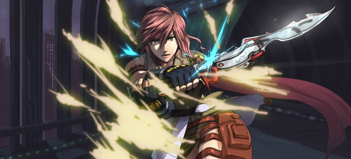 nira (pixiv67194), lightning farron, final fantasy, final fantasy xiii, 10s, 1girl, attack, bare shoulders, cape, female focus, fingerless gloves, gloves, green eyes, long hair, miniskirt, pink hair, skirt, solo, sword, weapon