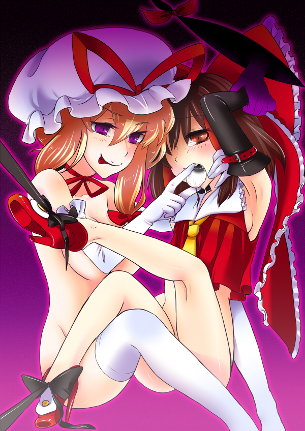 merue, hakurei reimu, yakumo yukari, touhou, white legwear, bad id, bad pixiv id, 2girls, blonde hair, bow, brown hair, elbow gloves, female focus, gap (touhou), gloves, hair bow, hat, high heels, multiple girls, nude, purple eyes, red eyes, shoes, short hair, thighhighs, white gloves