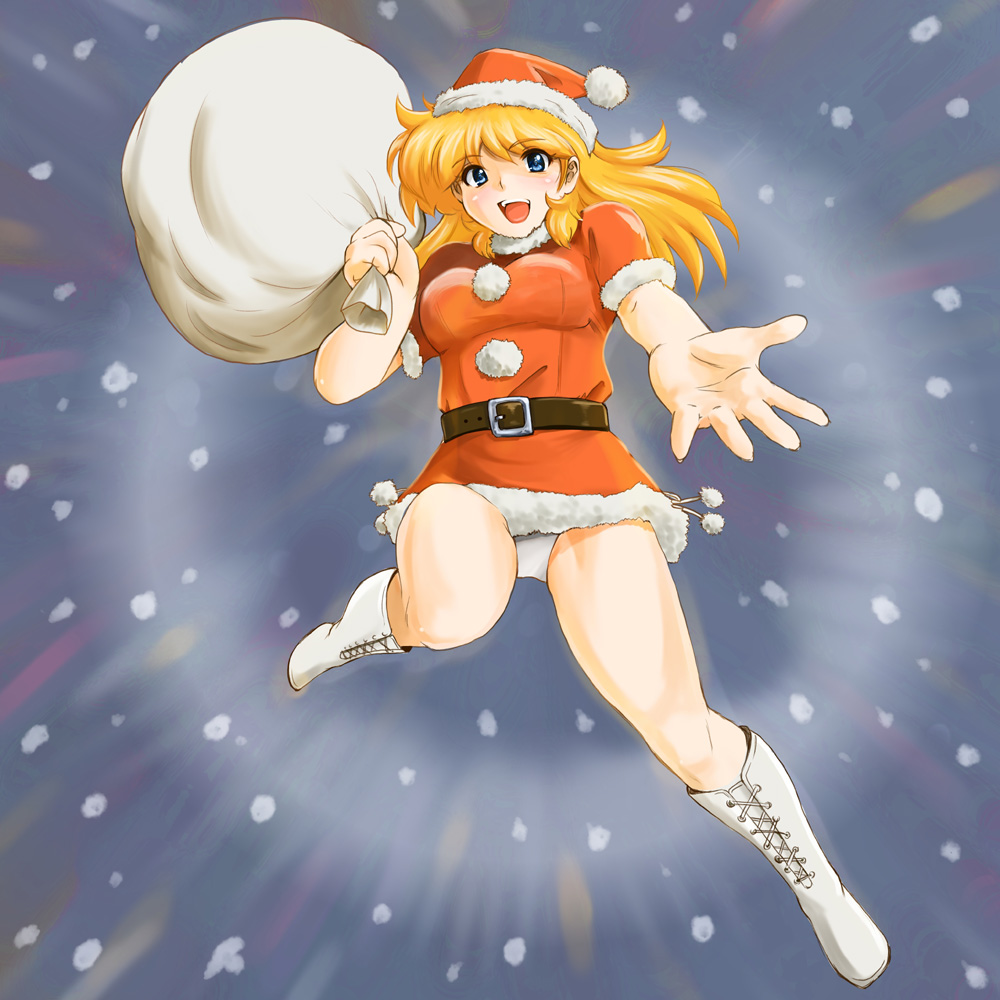 shu-z, lune zoldark, banpresto, super robot wars, super robot wars the lord of elemental, 1girl, bikini, blonde hair, blue eyes, boots, breasts, christmas, emphasis lines, female focus, foreshortening, hat, lace-up boots, large breasts, motion lines, navel, outstretched arm, outstretched hand, reaching, sack, santa costume, santa hat, side-tie bikini bottom, skindentation, snow, solo, speed lines, swimsuit