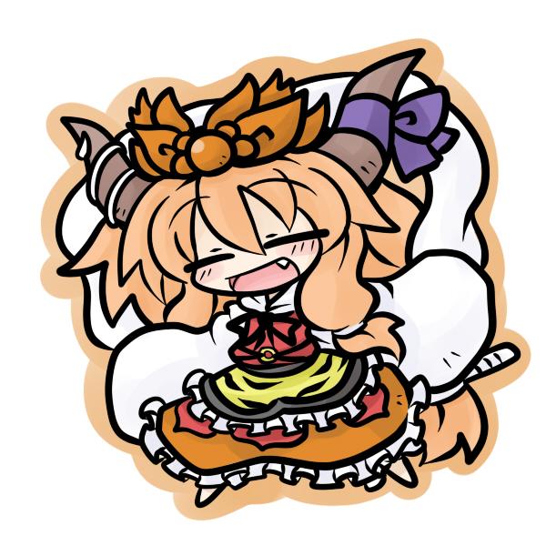 yanagi (nurikoboshi), ibuki suika, toramaru shou, touhou, 1girl, chibi, cosplay, female focus, full body, horns, long hair, orange hair, ribbon, solo, standing, toramaru shou (cosplay), white background