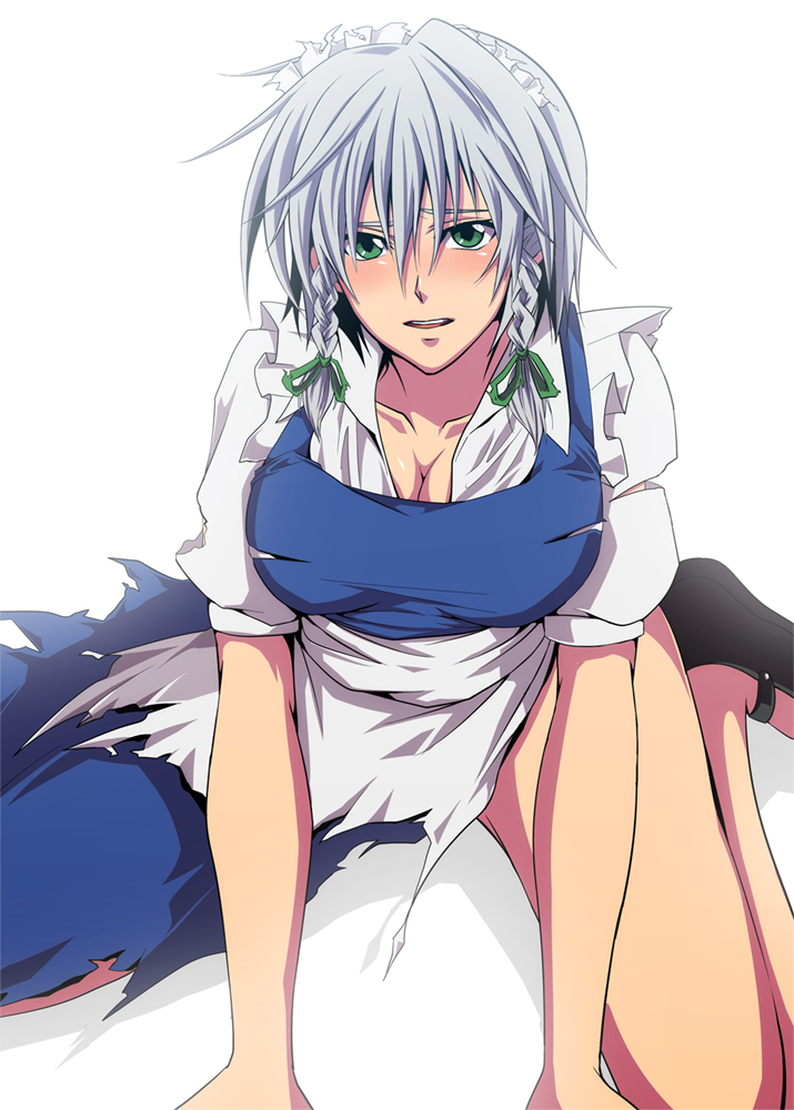 a-a, izayoi sakuya, touhou, silver hair, bad id, 1girl, blush, braid, breasts, cleavage, dress, female focus, green eyes, large breasts, maid, short hair, solo, torn clothes, twin braids, white background