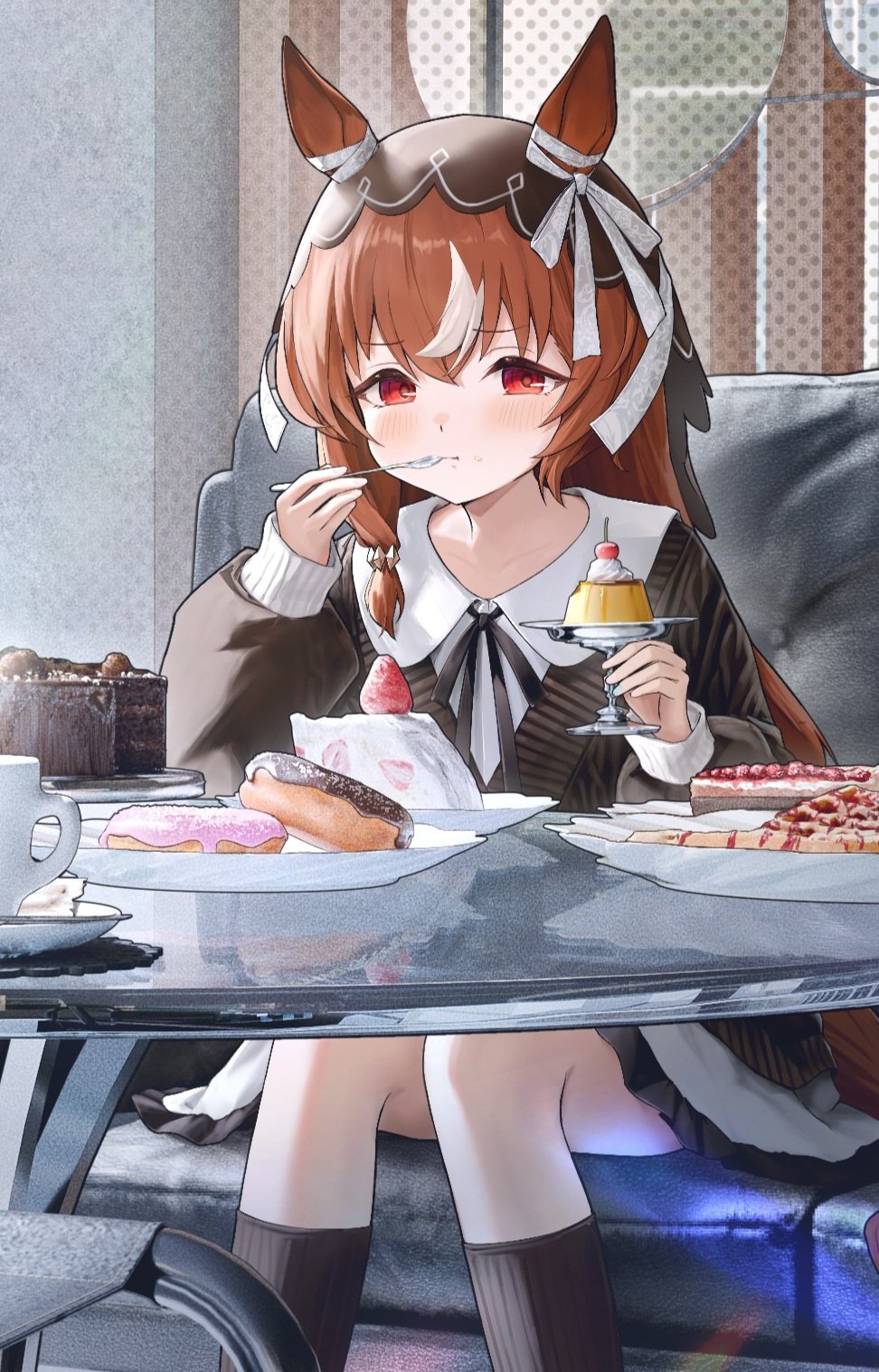 amanun, still in love (umamusume), umamusume, highres, 1girl, animal ears, black cardigan, blush, bow, brown hair, brown veil, cake, cardigan, casual, closed mouth, collared shirt, cup, donut, ear ribbon, food, fork, hair between eyes, holding, holding fork, horse ears, horse girl, horse tail, long hair, long sleeves, looking at viewer, red eyes, shirt, sitting, solo, table, tail, veil, white bow, white shirt