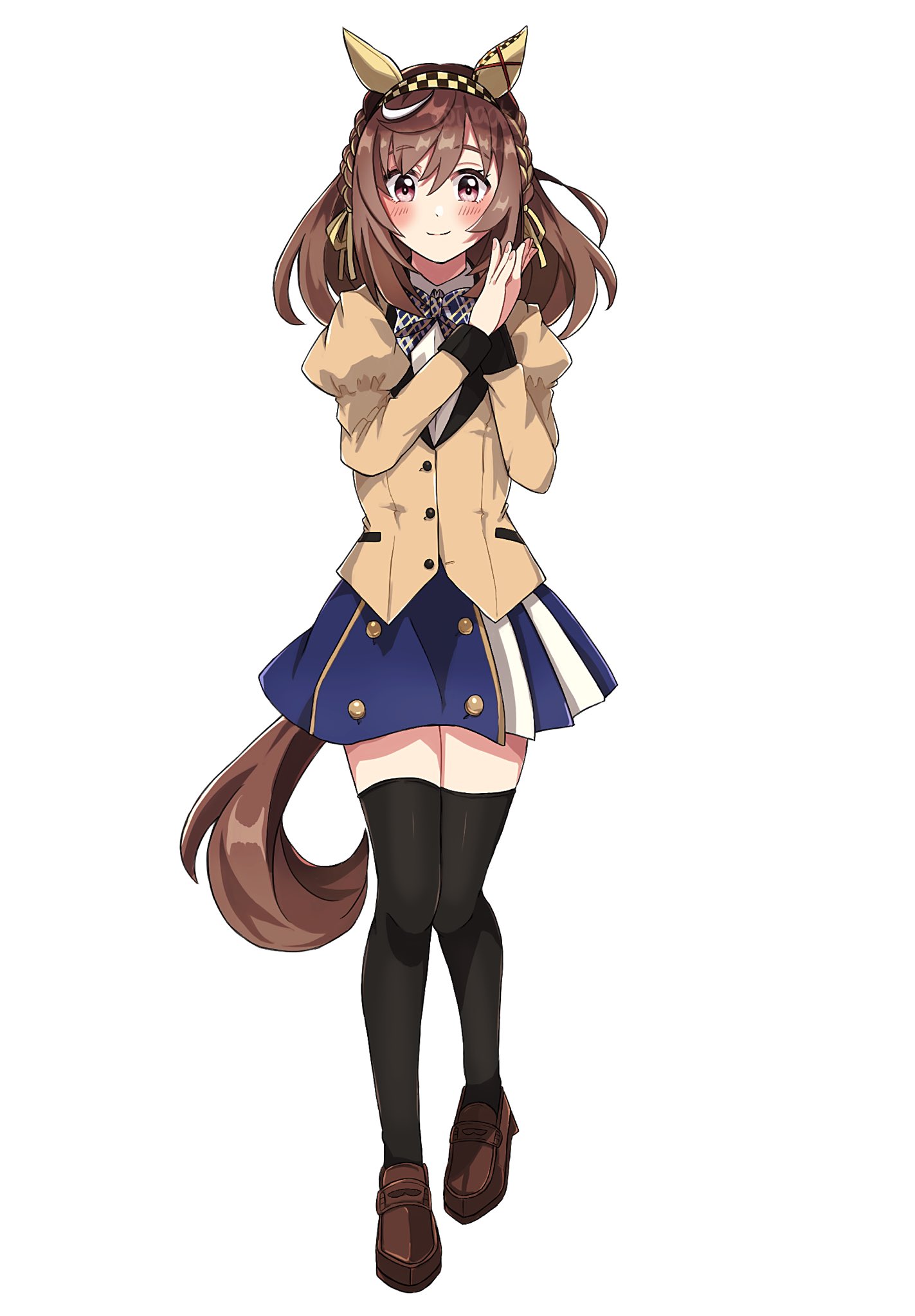 okapun, buena vista (umamusume), umamusume, highres, 1girl, animal ears, black thighhighs, blue skirt, blush, bow, braid, brown hair, brown jacket, checkered hairband, closed mouth, collared shirt, full body, hair between eyes, hairband, horse ears, horse girl, horse tail, jacket, long sleeves, looking at viewer, medium hair, purple eyes, shirt, shoes, simple background, skirt, smile, solo, tail, thighhighs, white background, white shirt