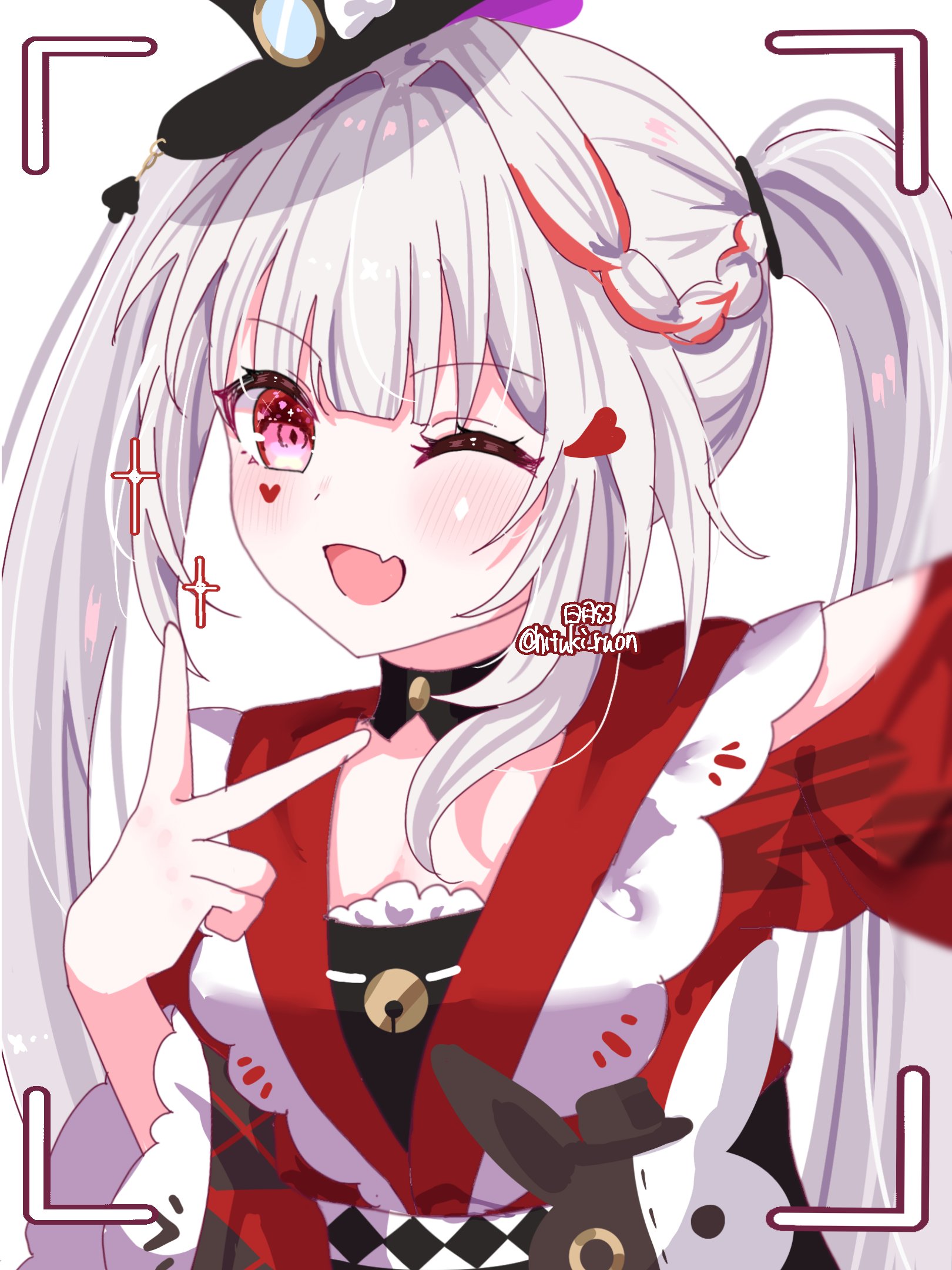 hitsuki (ruon), sparkle (honkai: star rail), sparxie (honkai: star rail), honkai: star rail, honkai (series), commentary request, highres, 1girl, ;d, bow, braid, choker, clothing cutout, dress, facial mark, fang, one eye closed, open mouth, pink eyes, red streaks, selfie, shoulder cutout, side braid, skin fang, smile, v, white background, white hair