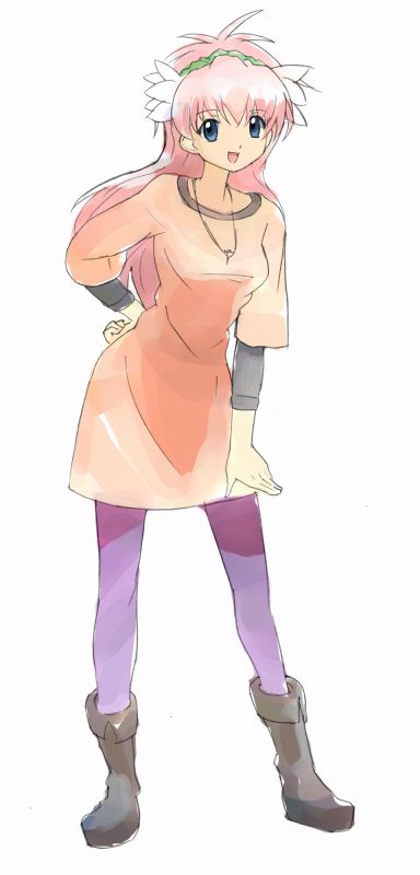 nyama, milfeulle sakuraba, galaxy angel, 00s, 1girl, blue eyes, boots, dress, female focus, flower, hair flower, hair ornament, happy, long hair, looking at viewer, open mouth, pantyhose, pink hair, short dress, smile, solo