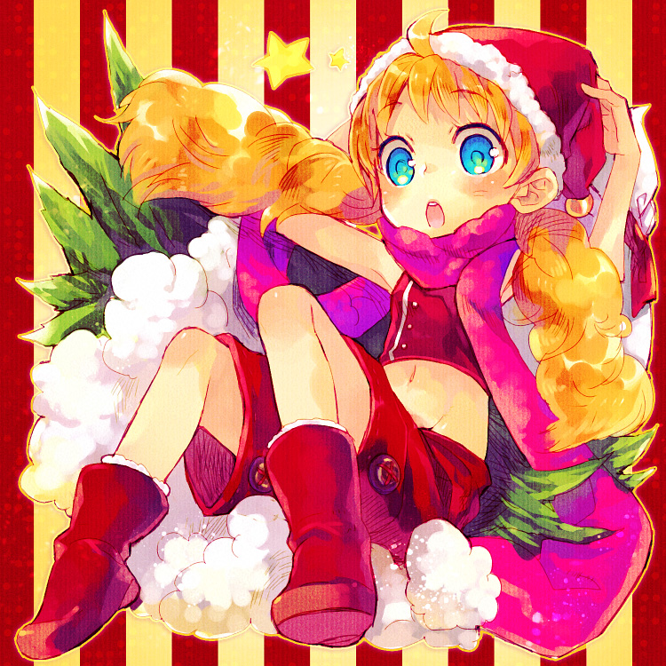 renta, renta (deja-vu), original, bad id, bad pixiv id, 1girl, :o, blonde hair, blue eyes, blush, boots, child, christmas, female focus, hat, long hair, midriff, santa costume, santa hat, solo, twintails