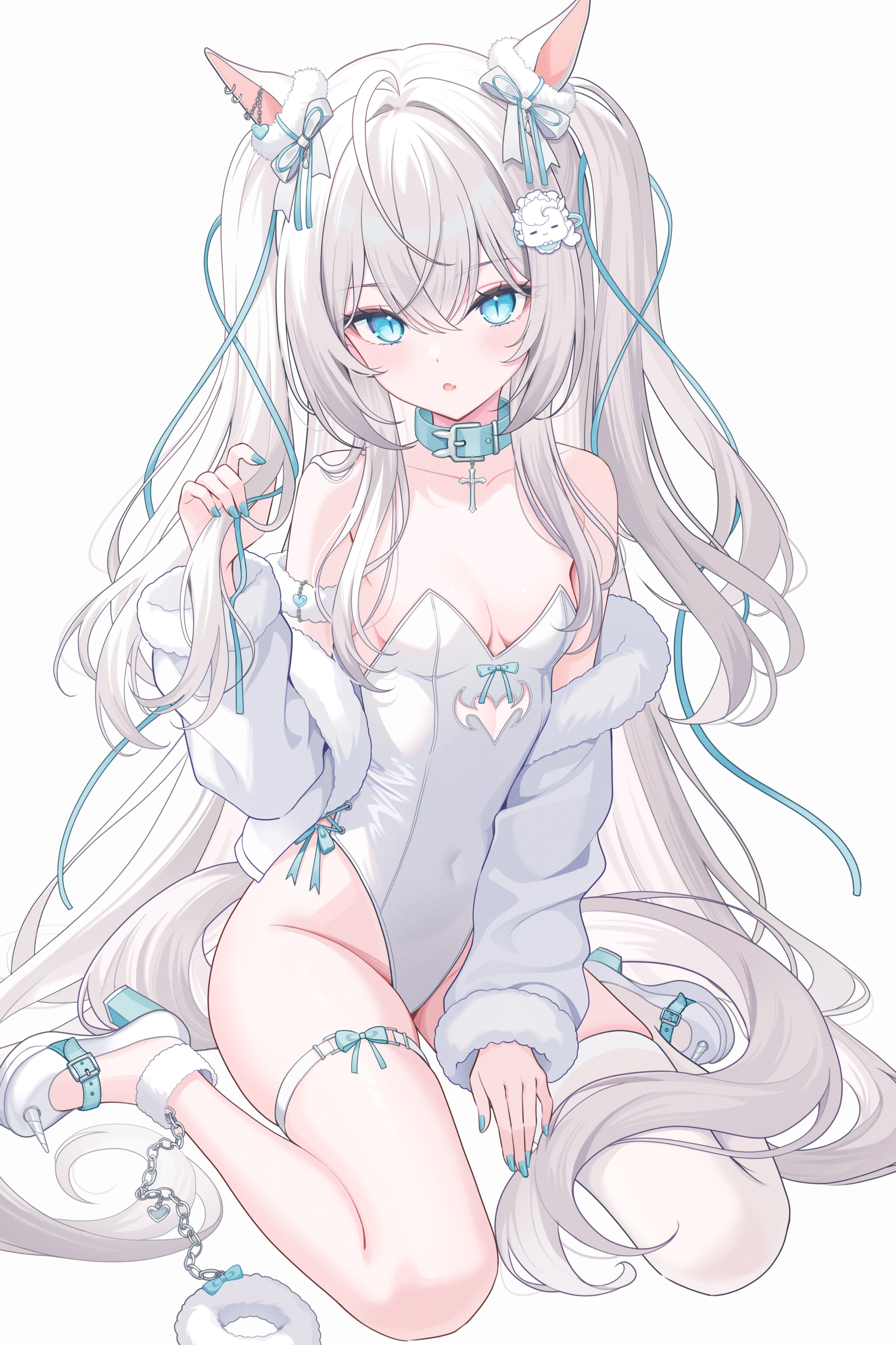 kitano yukito, original, absurdres, highres, 1girl, ahoge, animal ears, bare shoulders, belt collar, blue eyes, breasts, cat ears, cat girl, cat tail, clothing cutout, collar, covered navel, cutout above navel, full body, fur trim, high heels, highleg, highleg leotard, leotard, long hair, looking at viewer, parted lips, shoes, simple background, single thighhigh, sitting, small breasts, solo, strapless, strapless leotard, tail, thigh strap, thighhighs, two side up, very long hair, virtual youtuber, wariza, white background, white hair, white leotard, white shoes, white thighhighs