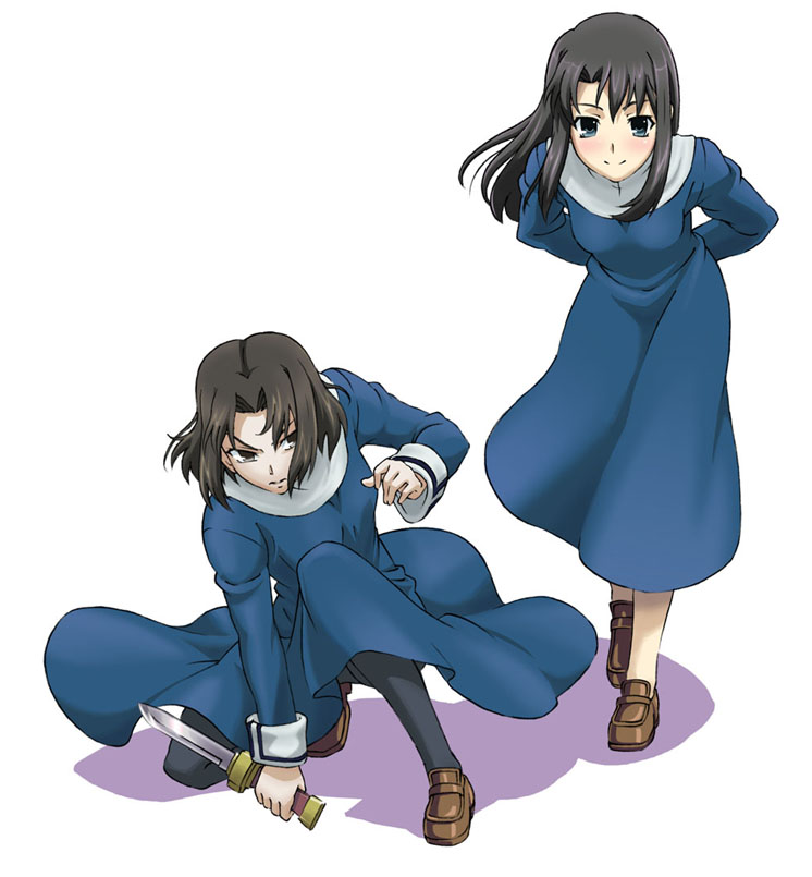 maachin (hmh-project), kokutou azaka, ryougi shiki, kara no kyoukai, 2girls, black eyes, black hair, blue eyes, blush, knife, long hair, multiple girls, panties, panties under pantyhose, pantyhose, reien girl's academy school uniform, reverse grip, school uniform, short hair, underwear