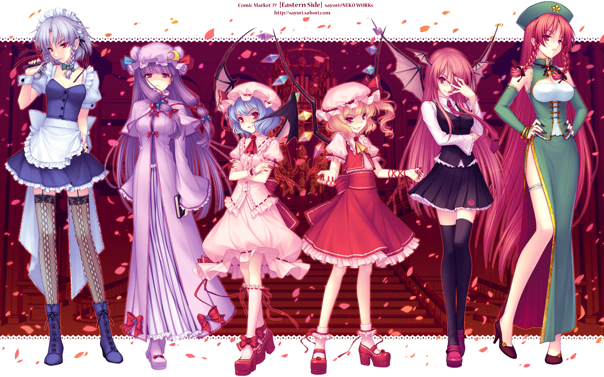 sayori (neko works), flandre scarlet, hong meiling, izayoi sakuya, koakuma, patchouli knowledge, remilia scarlet, embodiment of scarlet devil, touhou, silver hair, highres, 6+girls, adapted costume, arm ribbon, ascot, bat wings, black nails, black socks, black thighhighs, blonde hair, blue hair, blunt bangs, book, boots, braid, breasts, china dress, chinese clothes, crescent, crescent moon, crossed arms, detached sleeves, dress, female focus, fingernails, framed breasts, frilled thigh strap, full body, garter straps, grin, hair over one eye, hands on own hips, hat, head wings, high heels, kneehighs, knife, legs, long fingernails, long hair, long sleeves, looking at viewer, maid, maid headdress, moon, multiple girls, nail polish, necktie, parted lips, petals, pink nails, pleated skirt, ponytail, purple hair, purple nails, red eyes, red hair, red nails, ribbon, shoes, short hair, siblings, side ponytail, side slit, sisters, skirt, slit pupils, smile, socks, stairs, standing, thigh strap, thighhighs, throwing knife, twin braids, weapon, wings, wrist cuffs, zettai ryouiki