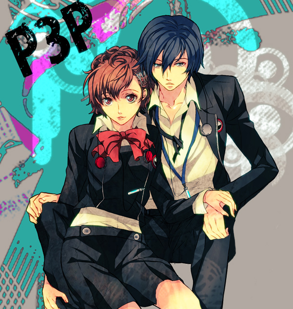 nishi juuji, shiomi kotone, yuuki makoto (persona 3), atlus, persona, persona 3, persona 3 portable, 1boy, 1girl, blue eyes, blue hair, bow, brown hair, couple, hair ornament, hairclip, headphones, hetero, nikokorozashi juuji, ponytail, red eyes, school uniform, short hair, skirt, smile