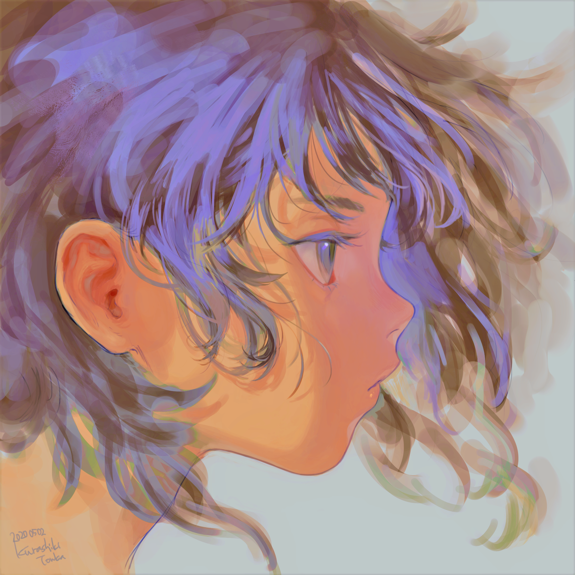 original, highres, 1girl, close-up, expressionless, from side, kurashiki touka, profile, purple eyes, purple hair, short hair, solo