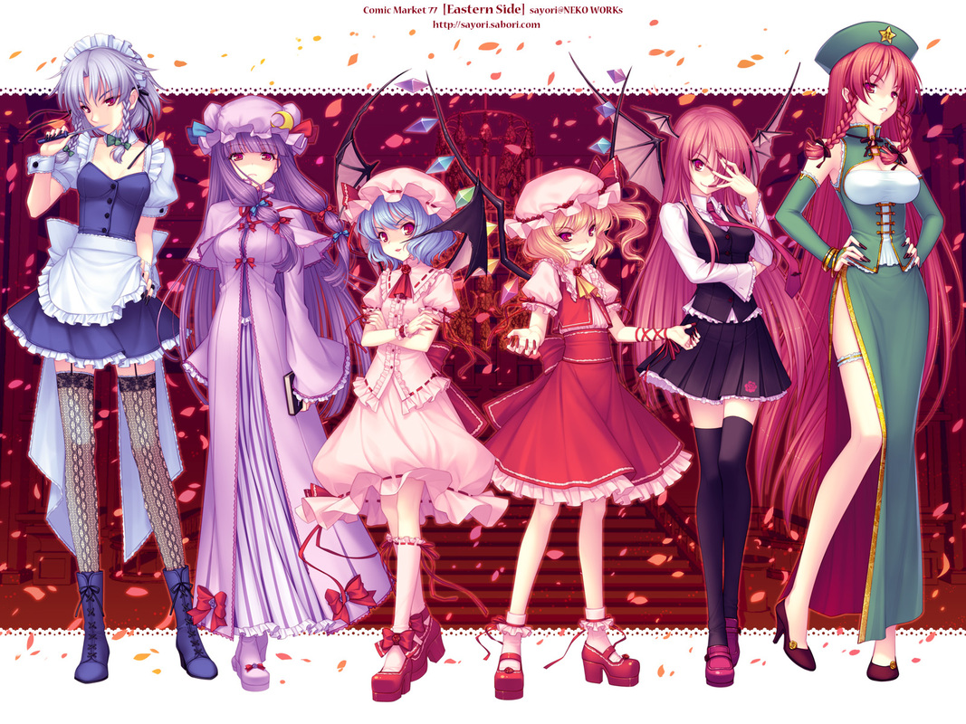 sayori, flandre scarlet, hong meiling, izayoi sakuya, koakuma, patchouli knowledge, remilia scarlet, touhou, garters, silver hair, wallpaper, bat wings, blonde hair, blue hair, boots, braid, china dress, chinese clothes, crescent, crescent moon, garter straps, hat, head wings, high heels, knife, long hair, maid, maid headdress, moon, ponytail, purple hair, red eyes, red hair, shoes, short hair, siblings, side ponytail, sisters, skirt, thighhighs, twin braids, wings, zettai ryouiki