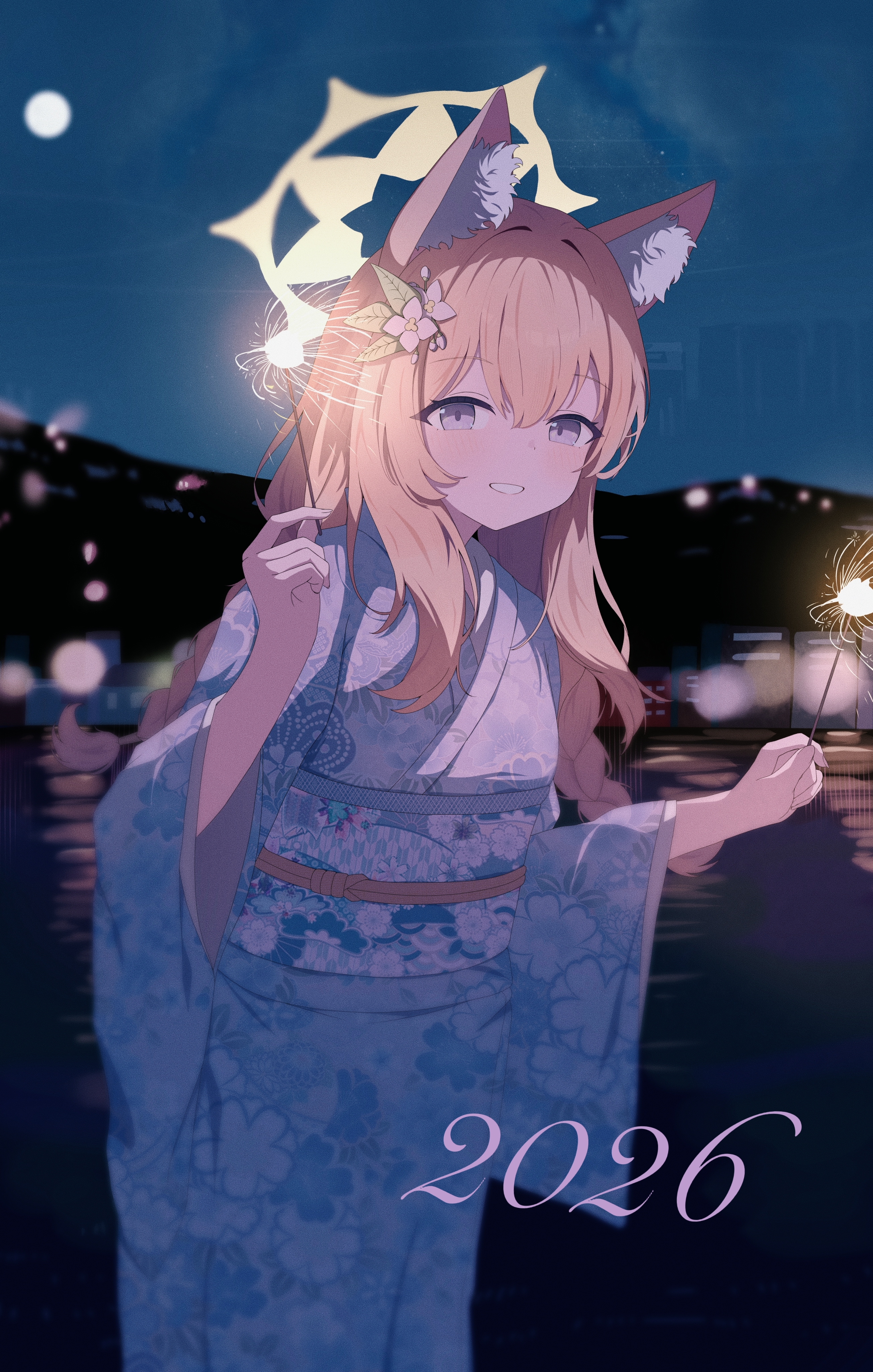 yydata1, mari (blue archive), blue archive, absurdres, commentary request, highres, 1girl, alternate costume, animal ear fluff, animal ears, blue eyes, blue kimono, blue sash, blush, cat ears, cat girl, floral print, floral print kimono, grin, hair between eyes, halo, holding, holding fireworks, japanese clothes, kimono, long hair, looking at viewer, obi, ocean, orange hair, print kimono, sash, smile, solo, wide sleeves, yellow halo