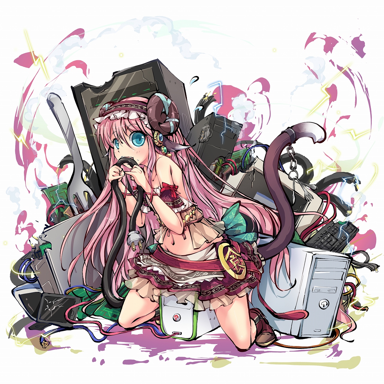 ms06s, highres, official art, second-party source, 1girl, animal ears, apron, bare shoulders, biting, boots, breasts, broken computer, broken monitor, brown boots, cable, computer, computer keyboard, curled horns, fork, frilled skirt, frills, full body, hair between eyes, hairband, himegami kagura, horns, kneeing, lightning, long hair, long sidelocks, looking at viewer, miniskirt, navel, off-shoulder shirt, off shoulder, pink hair, sheep ears, sheep girl, sheep horns, shirt, short sleeves, sidelocks, simple background, skirt, solo, tablet pc, tail, toutetsu (himegami kagura), very long hair, white apron, white background