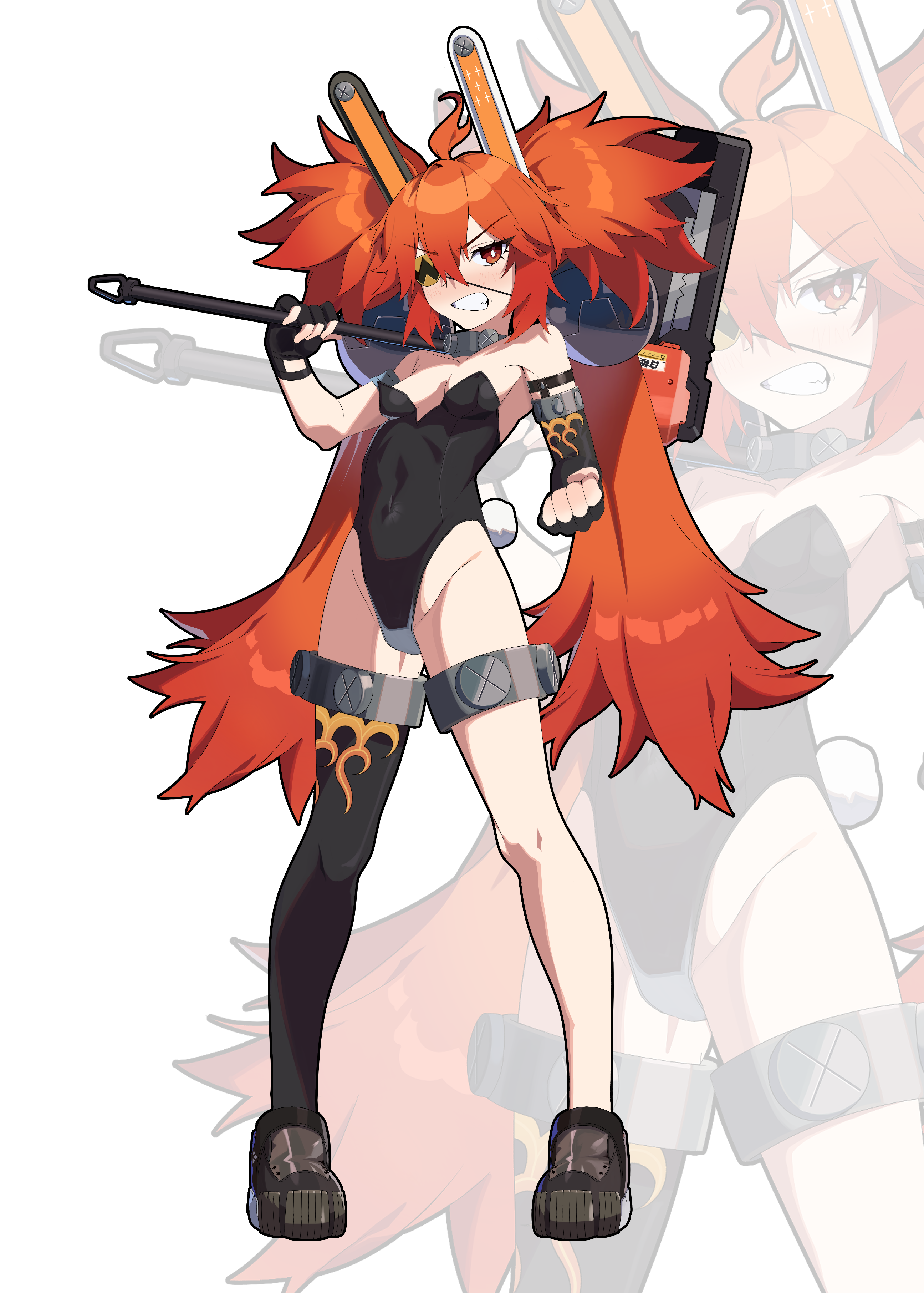 123nasub, koleda belobog, zenless zone zero, absurdres, highres, 1girl, ahoge, animal ears, bare legs, bare shoulders, breasts, eyepatch, fake animal ears, hair between eyes, hair ornament, holding, long hair, navel, rabbit ears, rabbit tail, red eyes, red hair, solo, sphere hair ornament, stomach, tail, twintails