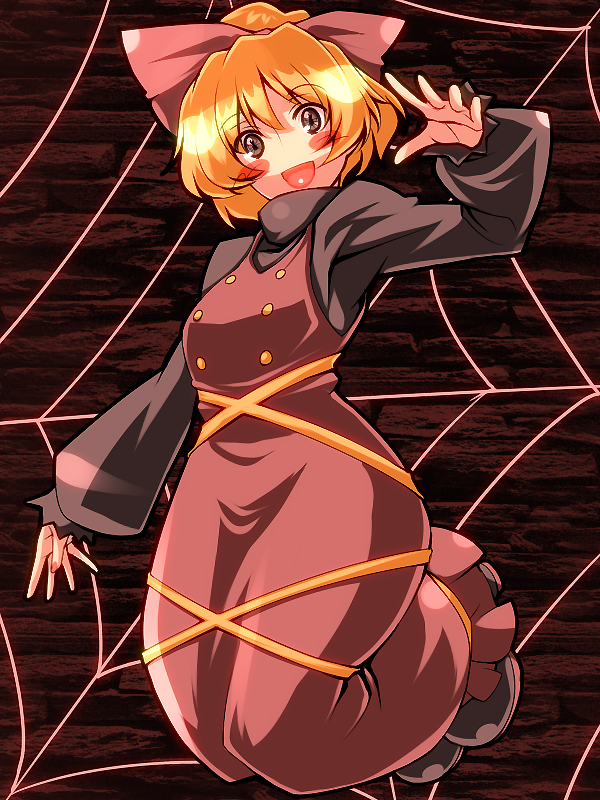 tro (trombe), kurodani yamame, touhou, 1girl, blonde hair, blush stickers, bow, buttons, dress, female focus, full body, hair bow, open mouth, ponytail, ribbon, short hair, silk, solo, spider web, symbol-shaped pupils