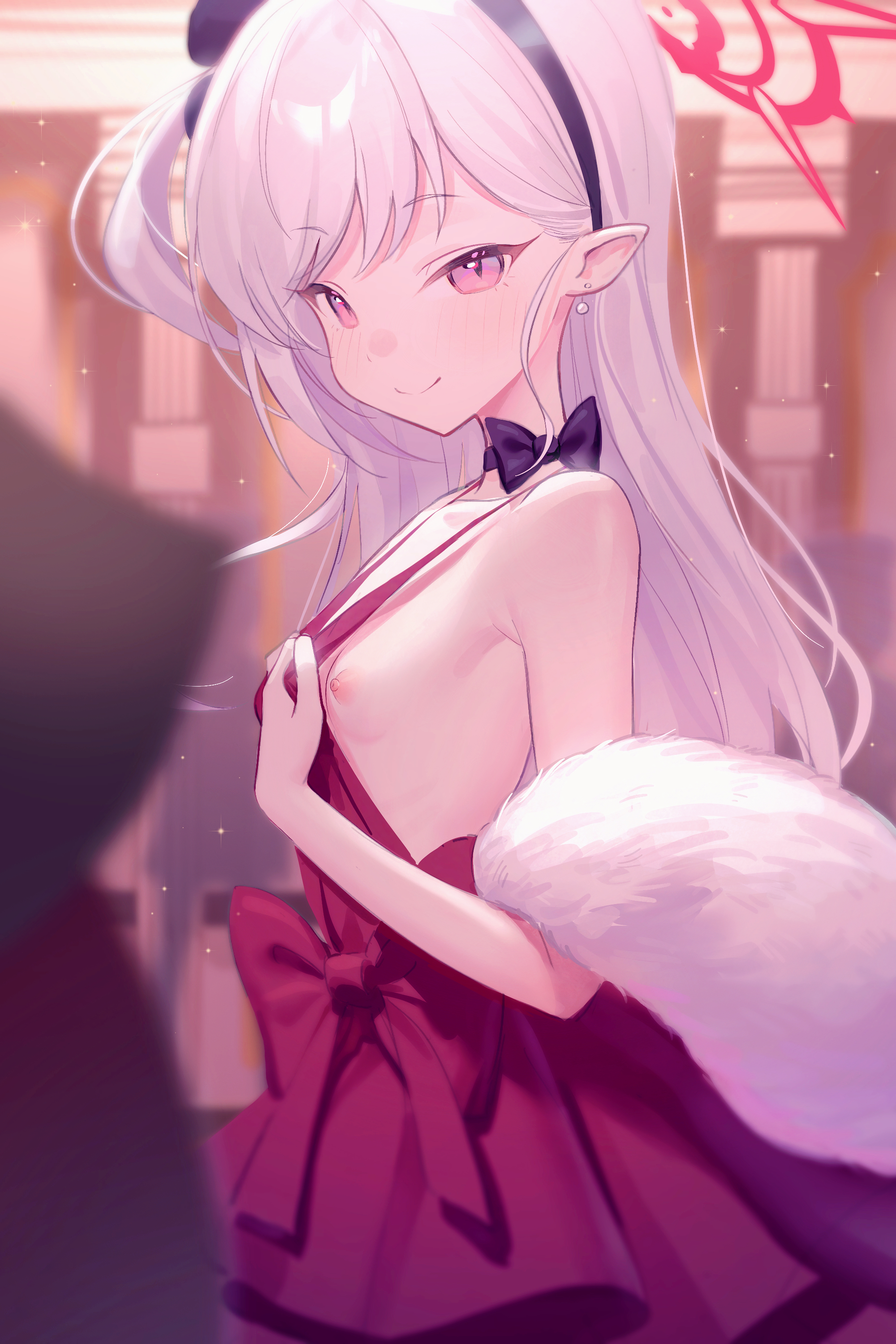 krixxis4, mutsuki (blue archive), mutsuki (dress) (blue archive), blue archive, absurdres, highres, 1girl, bare shoulders, black hairband, breasts, dress, dress tug, earrings, from side, fur shawl, hairband, halo, jewelry, long hair, looking at viewer, neck ribbon, nipples, official alternate costume, pearl earrings, pointy ears, red dress, red eyes, red halo, ribbon, shawl, sleeveless, sleeveless dress, small breasts, smile, solo, white fur, white hair