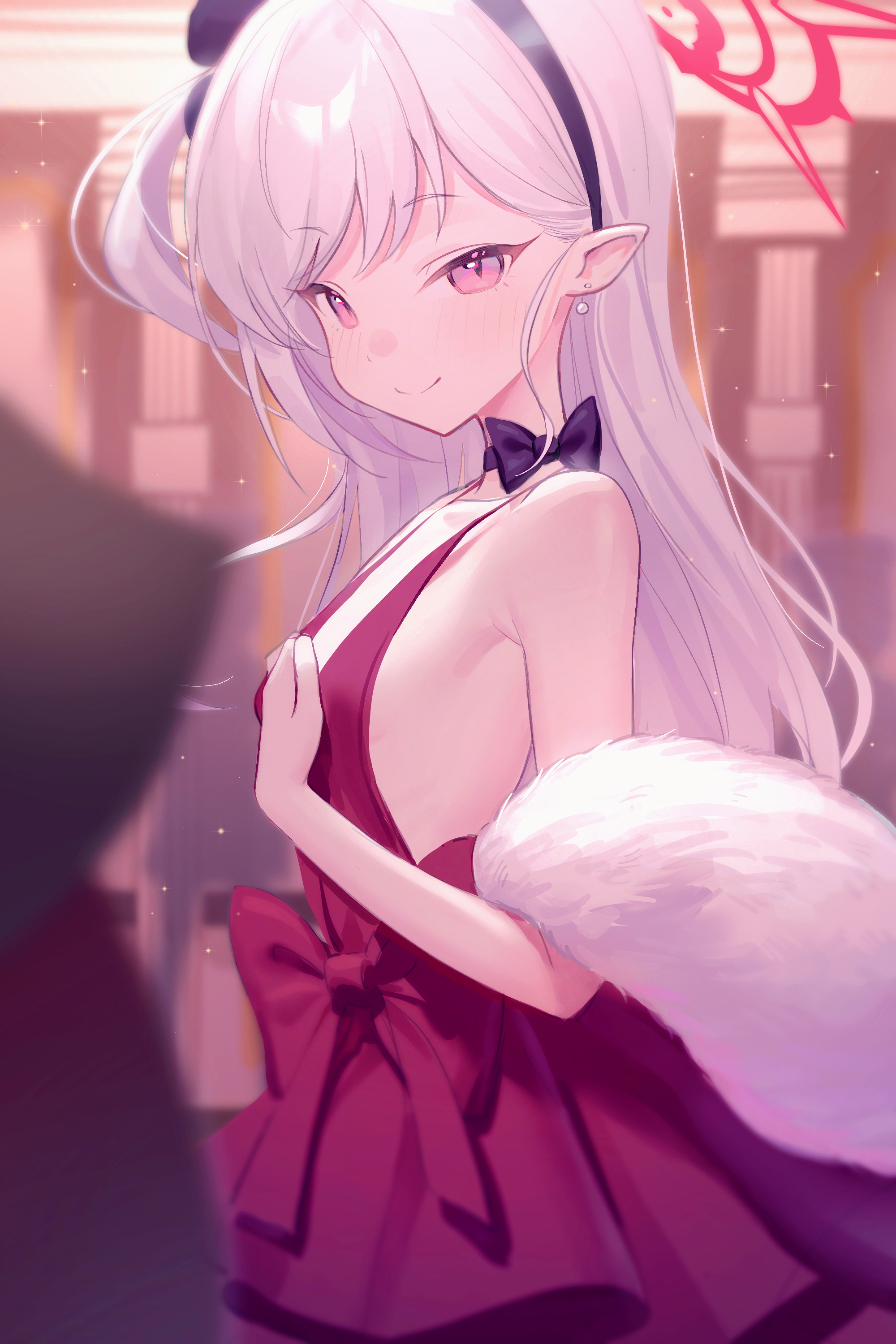 krixxis4, mutsuki (blue archive), mutsuki (dress) (blue archive), blue archive, absurdres, highres, 1girl, bare shoulders, black hairband, dress, earrings, from side, fur shawl, hairband, halo, jewelry, long hair, looking at viewer, neck ribbon, official alternate costume, pearl earrings, pointy ears, red dress, red eyes, red halo, ribbon, shawl, sleeveless, sleeveless dress, smile, solo, white fur, white hair