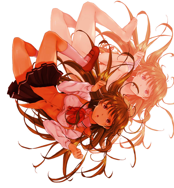 nanaichi, sugamo mutsuki, sayonara wo oshiete, :o, barefoot, braid, brown hair, feet, legs, long hair, nude, skirt, socks, solo, twin braids, zoom layer