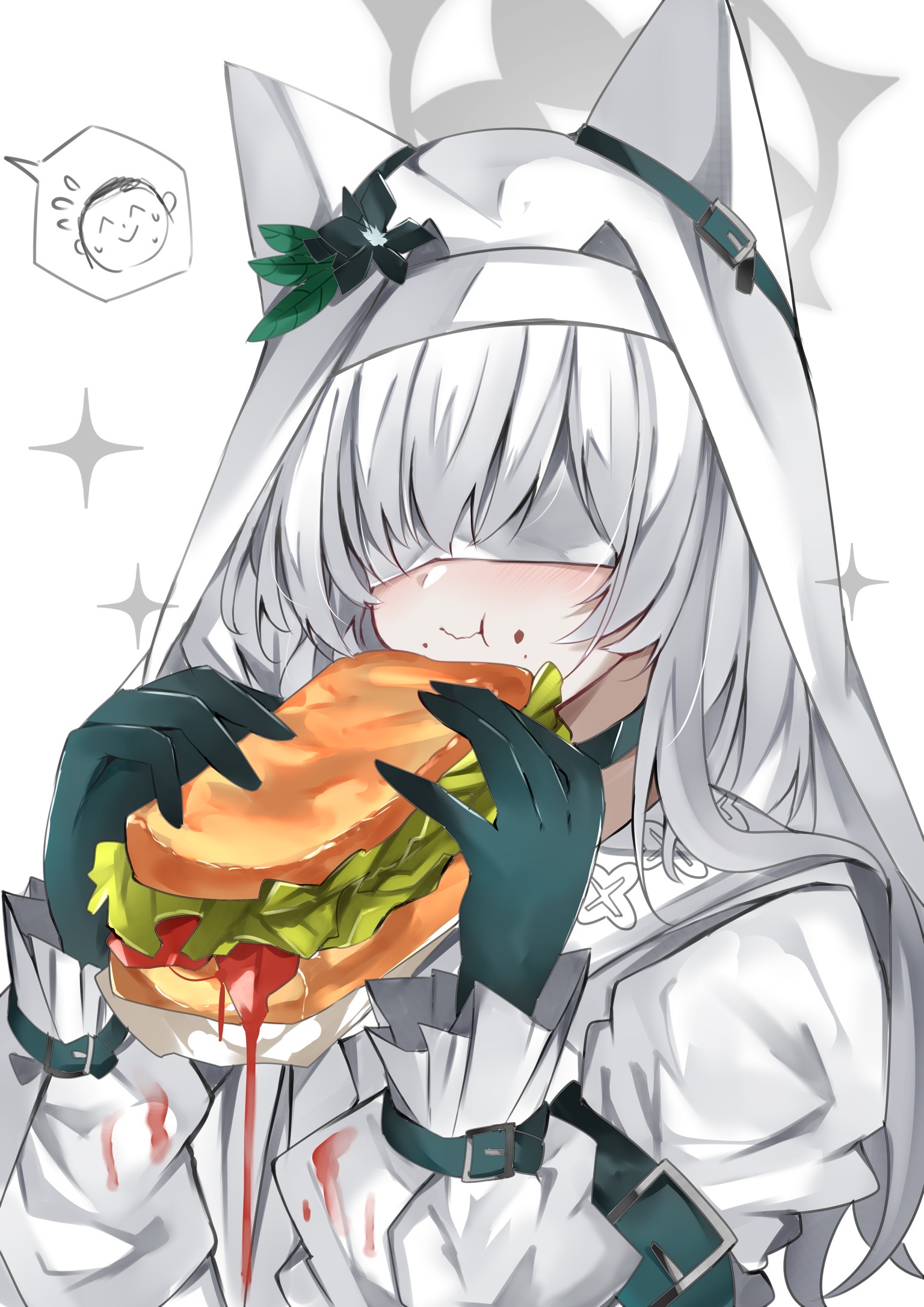 mutou mame, doodle sensei (blue archive), mari (blue archive), sensei (blue archive), blue archive, highres, 1boy, 1girl, alternate hair color, blindfold, blush, choker, closed mouth, dress, flower, food, food in mouth, gloves, green choker, green flower, green gloves, grey hair, grey halo, hair flower, hair ornament, halo, holding, holding food, nun, sandwich, smile, veil, white dress, white veil