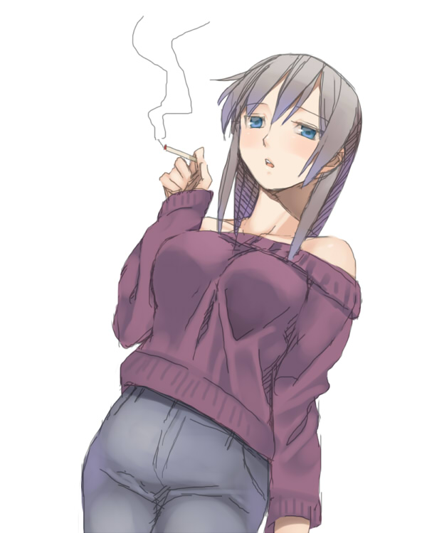 nanaichi, original, bad id, bad pixiv id, 1girl, bare shoulders, blue eyes, blush, cigarette, denim, female focus, jeans, long hair, off-shoulder, off-shoulder sweater, off shoulder, pants, smoking, solo, sweater
