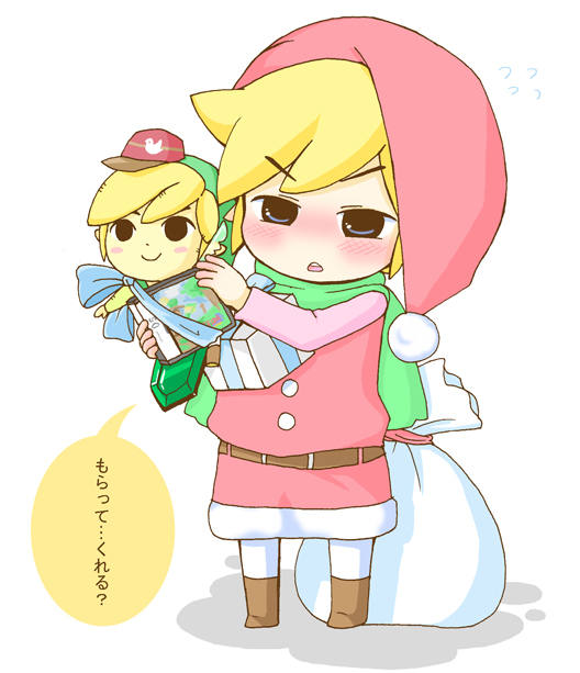 lip (coco), link, nintendo, the legend of zelda, bad id, bad pixiv id, 1boy, alternate costume, black eyes, blonde hair, blush, christmas, gift, hat, male focus, sack, santa costume, scarf, smile, solo