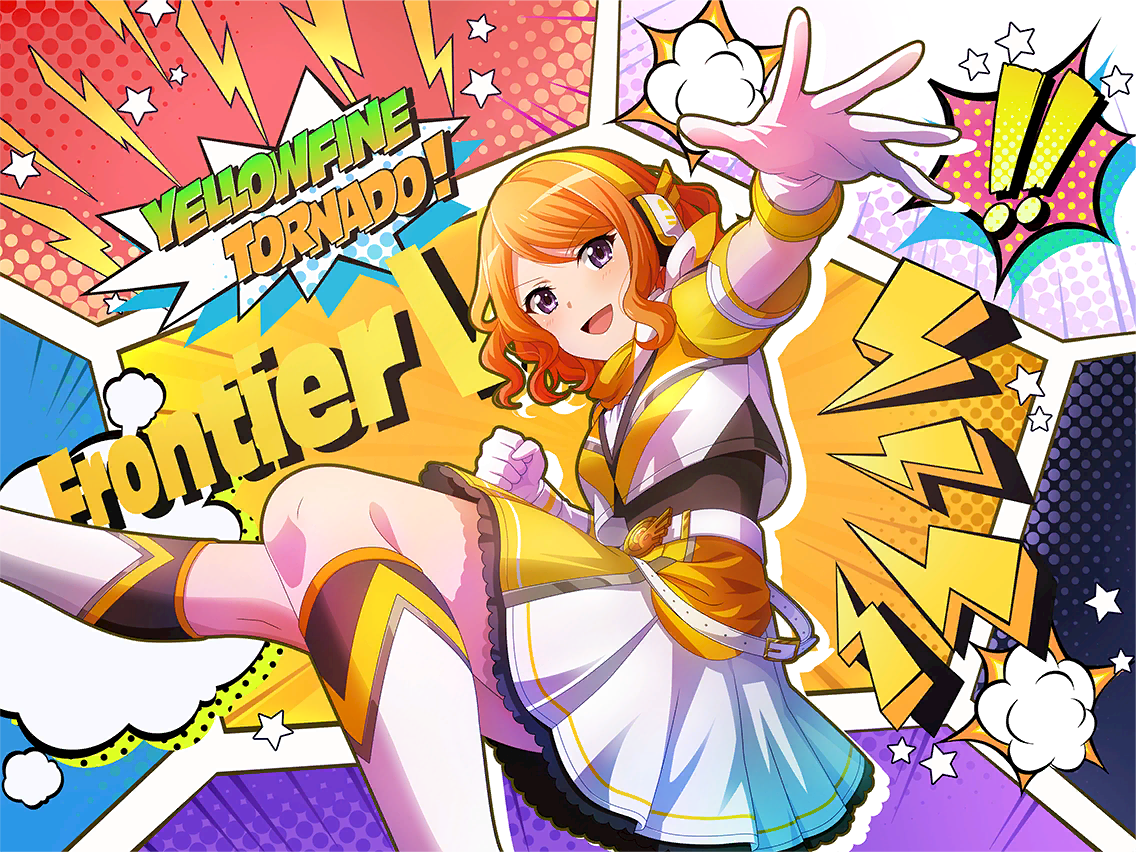 ebisu tsukasa, shoujo kageki revue starlight, shoujo kageki revue starlight -re live-, tokusatsu, game cg, official art, !, !!, 1girl, clenched hand, cropped jacket, english text, gloves, headphones, jacket, kneehighs, lightning bolt symbol, looking at viewer, open mouth, orange hair, purple eyes, short hair, skirt, socks, solo, star (symbol), two-tone skirt, western comics (style), white gloves, white skirt, white socks, yellow jacket, yellow skirt