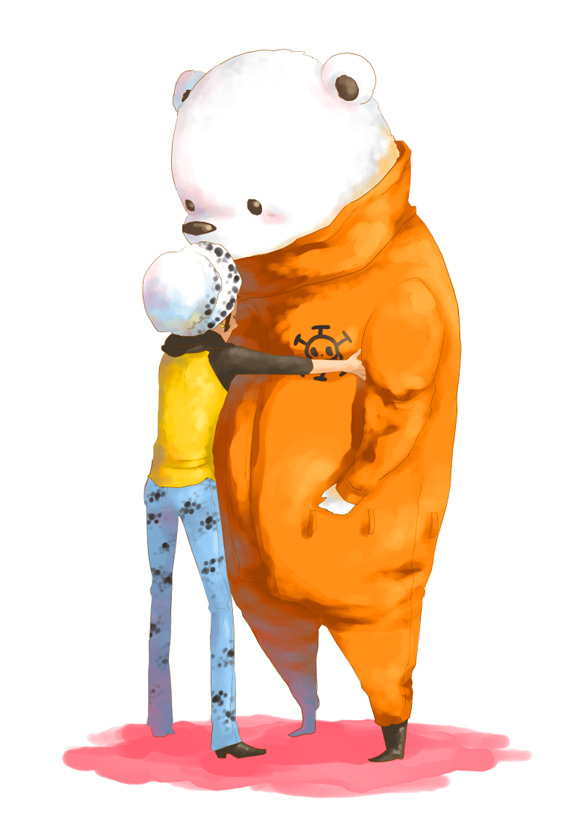 nishiyama, nishiyama (whatsoy), bepo (one piece), trafalgar law, one piece, bad id, bad pixiv id, 1boy, animal, bear, denim, furry, furry male, fuzzy hat, hat, heart pirates, hood, hoodie, hug, jeans, jolly roger, jumpsuit, male focus, pants, pirate, raglan sleeves, simple background, solo