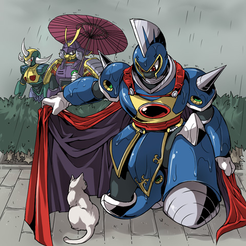 seiryu keita, centaur man, knight man, yamato man, capcom, mega man (classic), mega man (series), mega man 6, lowres, 3boys, cape, cat, improvised umbrella, knight, male focus, multiple boys, oil-paper umbrella, on one knee, outdoors, rain, shared cape, shared clothes, umbrella