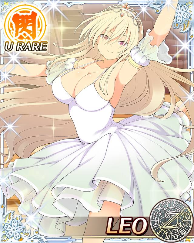 leo (senran kagura), senran kagura, senran kagura new wave, official art, 1girl, aquarius (symbol), aries (symbol), armpits, ballerina, ballet, blonde hair, border, breasts, cancer (symbol), capricorn (symbol), card (medium), character name, cleavage, dancing, detached sleeves, dodecagram, dress, english text, flower, fourth position of the arms, gem, gemini (symbol), hair between eyes, indoors, large breasts, leo (symbol), libra (symbol), long hair, looking at viewer, orange gem, pisces (symbol), puffy short sleeves, puffy sleeves, purple eyes, sagittarius (symbol), scorpio (symbol), short sleeves, smile, solo, sparkle, strap gap, taurus (symbol), tiara, tutu, very long hair, virgo (symbol), white dress, zodiac wheel