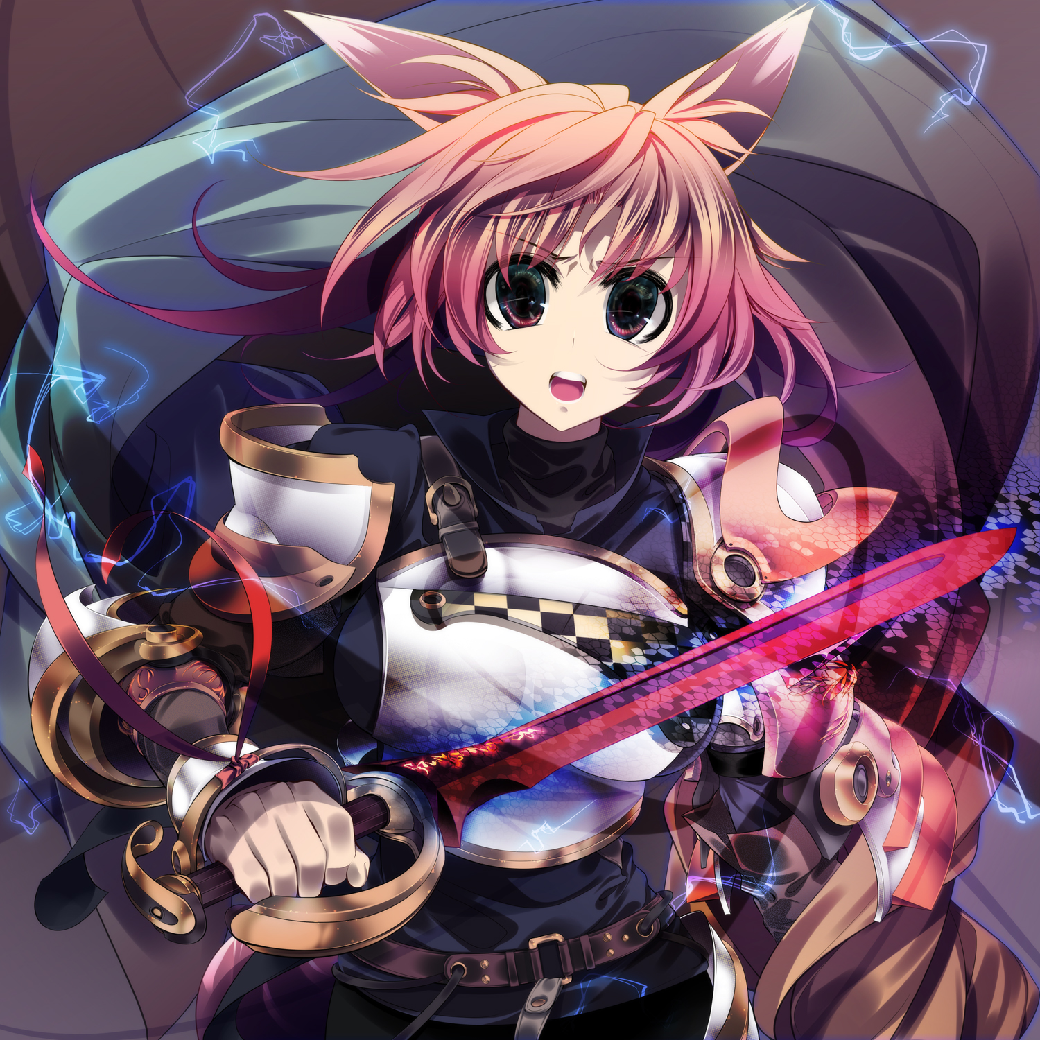 dragonmaterial, original, highres, animal ears, armor, electricity, red eyes, red hair, shoulder pads, sword, weapon