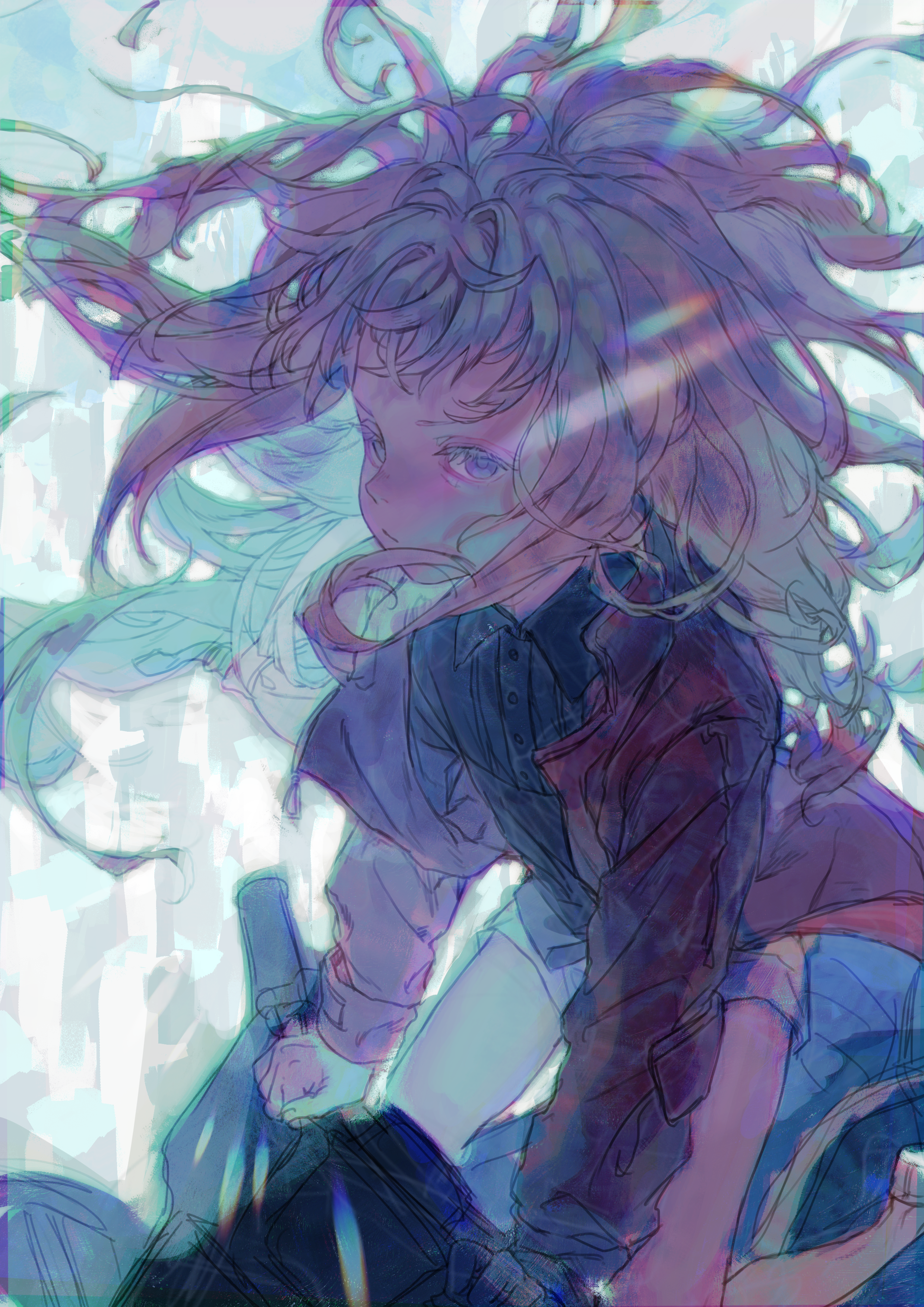 original, absurdres, commentary request, highres, 1girl, collared shirt, flat chest, floating hair, jacket, kurashiki touka, long hair, looking at viewer, motor vehicle, purple eyes, purple hair, purple theme, scooter, shirt, shorts, sketch, solo