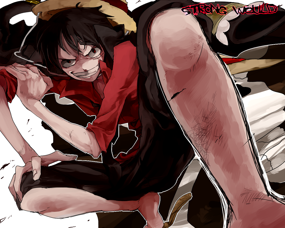 mapi, monkey d. luffy, one piece, one piece: strong world, bad id, bad pixiv id, 1boy, black hair, english text, engrish text, fighting stance, flag, from below, grin, hat, male focus, pirate, ranguage, red eyes, red shirt, sandals, shirt, shorts, smile, solo, spread legs, squatting, straw hat, unbuttoned